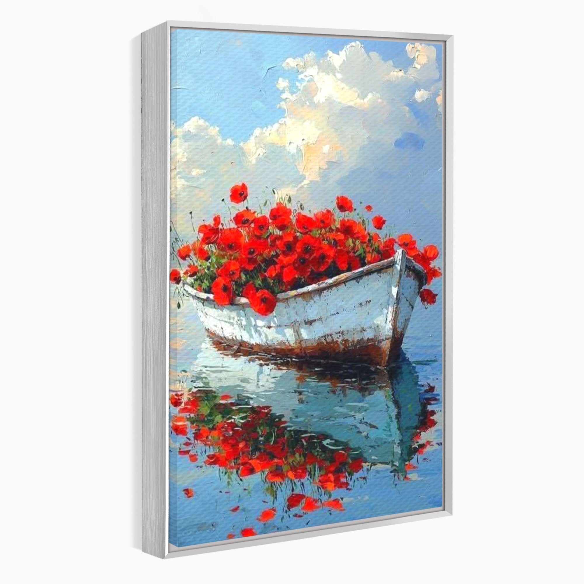 Tablou Canvas Premium LuxCanva® PI1171, Barca Cu Maci, Ambarcatiune, Rosu, Peisaj, Apa, Living, Culori Vibrante