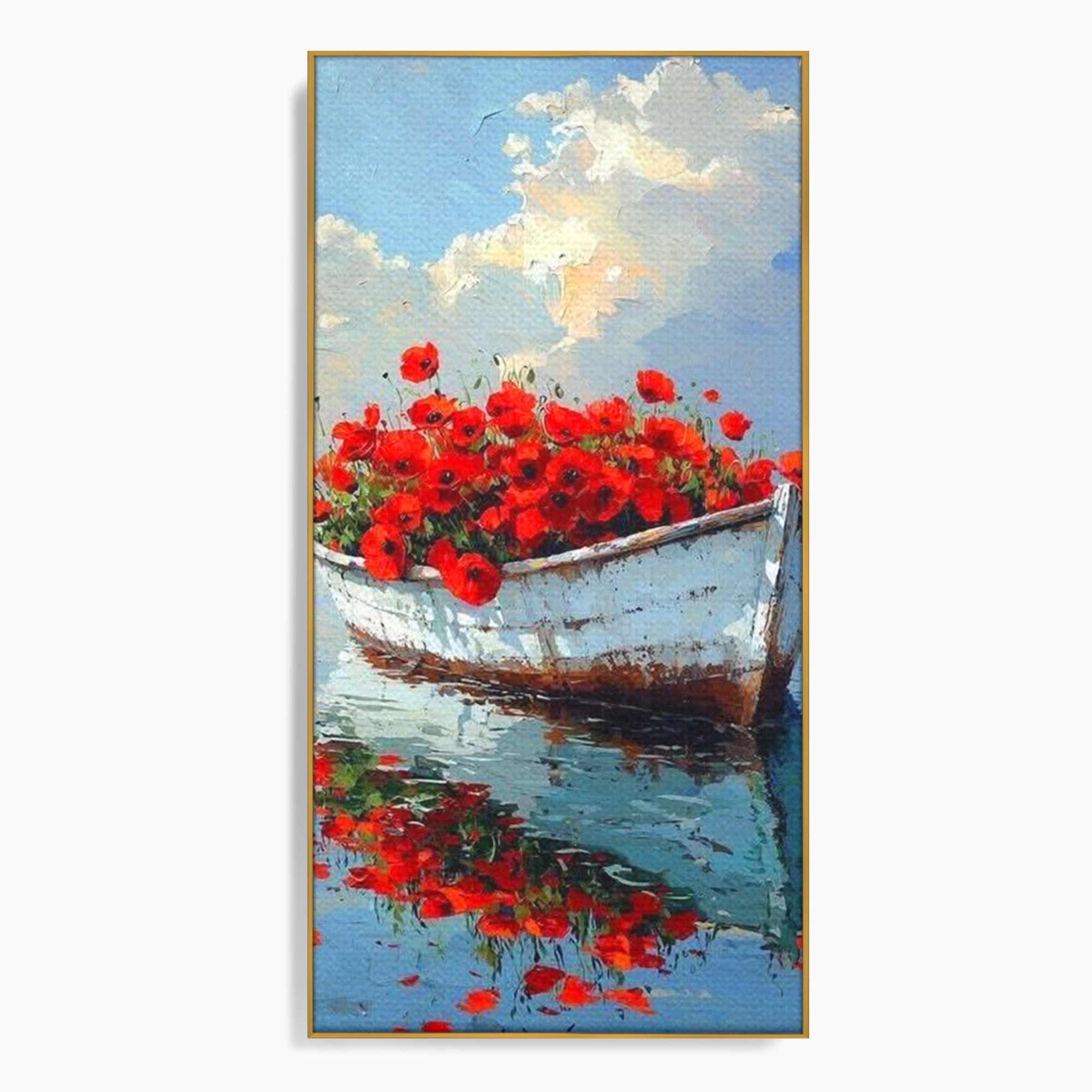 Tablou Canvas Premium LuxCanva® PI1171, Barca Cu Maci, Ambarcatiune, Rosu, Peisaj, Apa, Living, Culori Vibrante