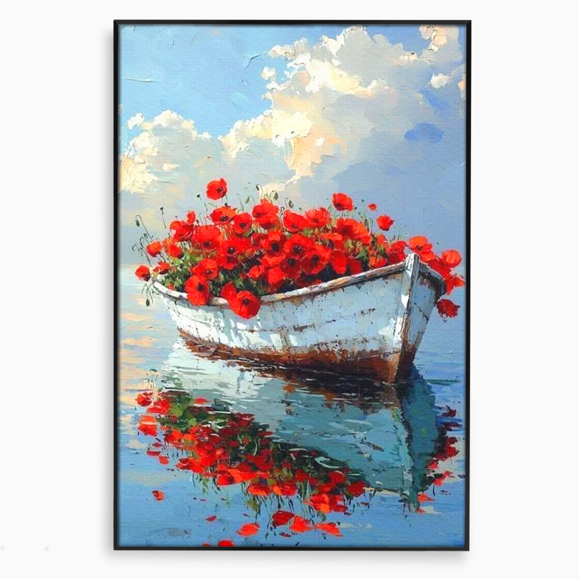 Tablou Canvas Premium LuxCanva® PI1171, Barca Cu Maci, Ambarcatiune, Rosu, Peisaj, Apa, Living, Culori Vibrante
