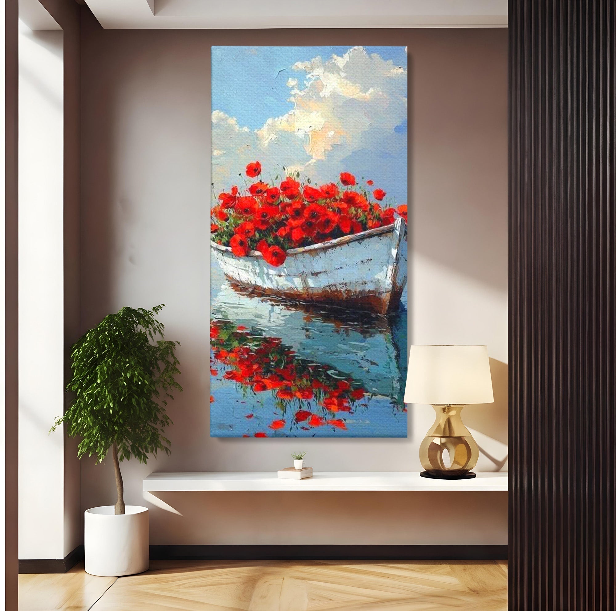 Tablou Canvas Premium LuxCanva® PI1171, Barca Cu Maci, Ambarcatiune, Rosu, Peisaj, Apa, Living, Culori Vibrante