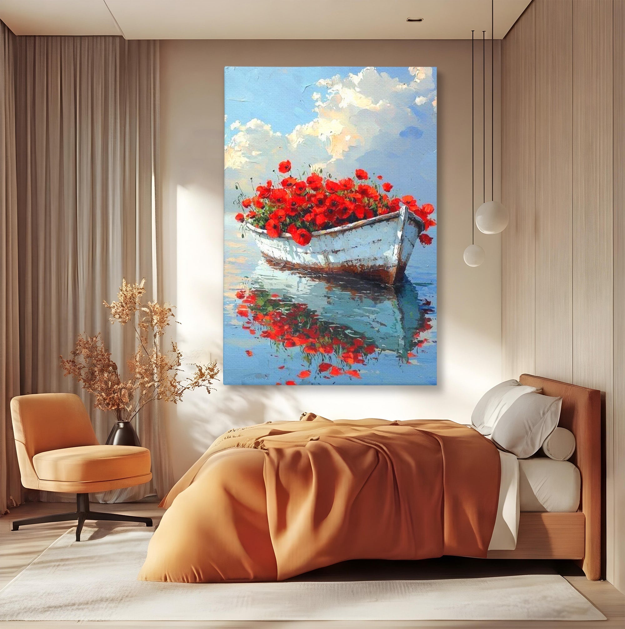 Tablou Canvas Premium LuxCanva® PI1171, Barca Cu Maci, Ambarcatiune, Rosu, Peisaj, Apa, Living, Culori Vibrante