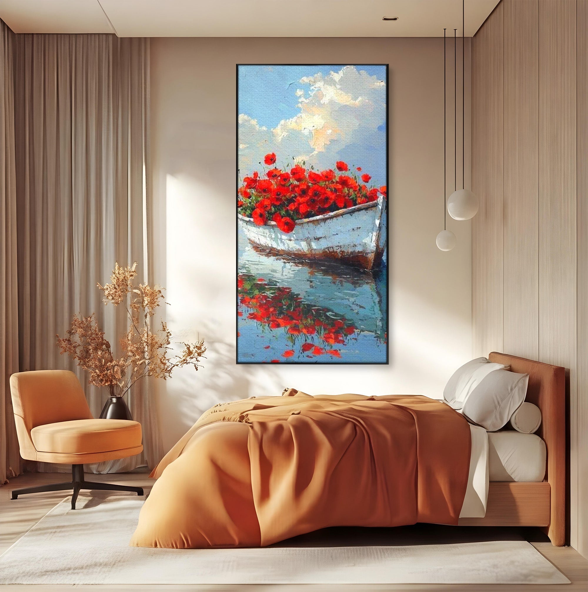 Tablou Canvas Premium LuxCanva® PI1171, Barca Cu Maci, Ambarcatiune, Rosu, Peisaj, Apa, Living, Culori Vibrante