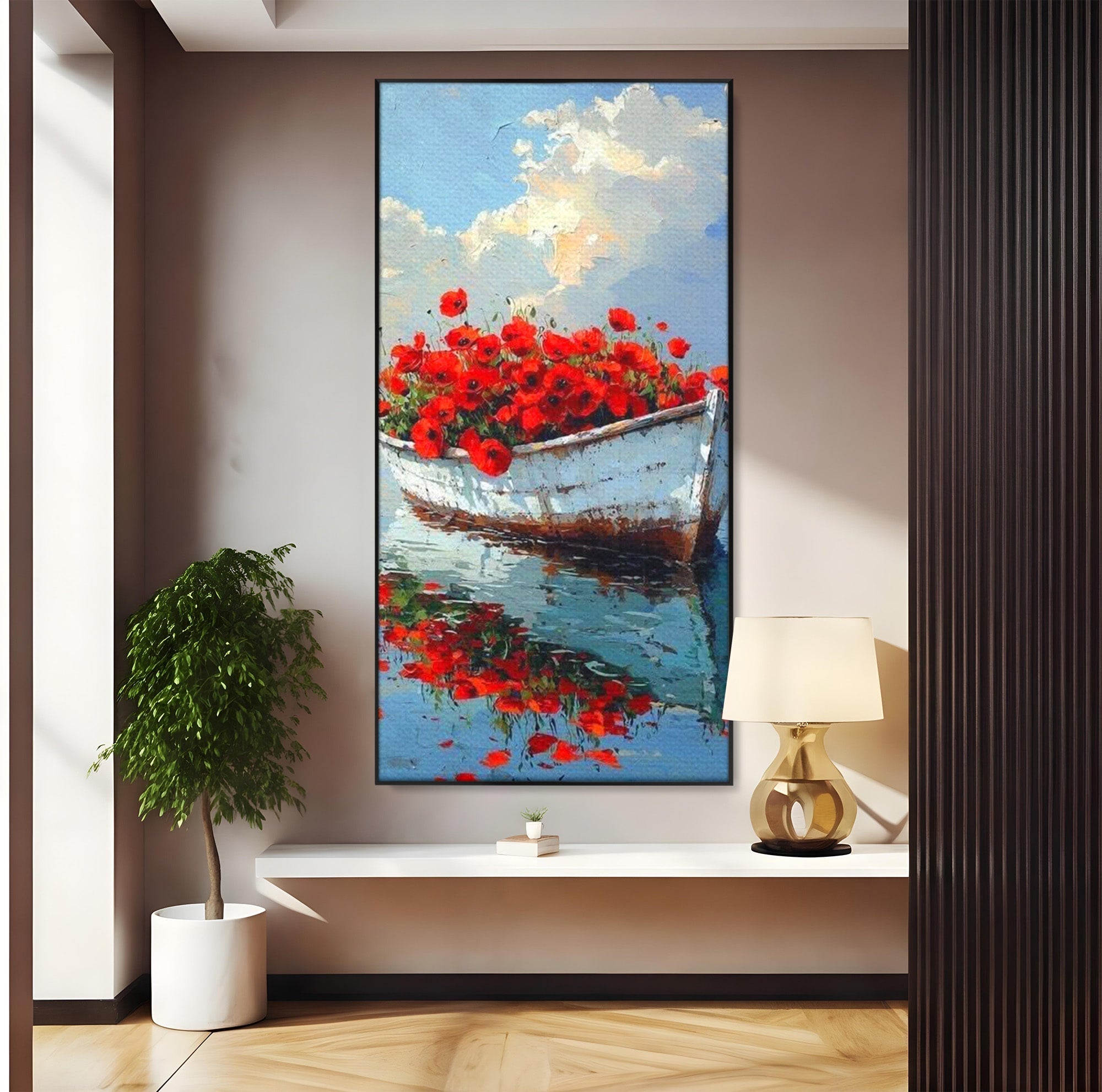 Tablou Canvas Premium LuxCanva® PI1171, Barca Cu Maci, Ambarcatiune, Rosu, Peisaj, Apa, Living, Culori Vibrante