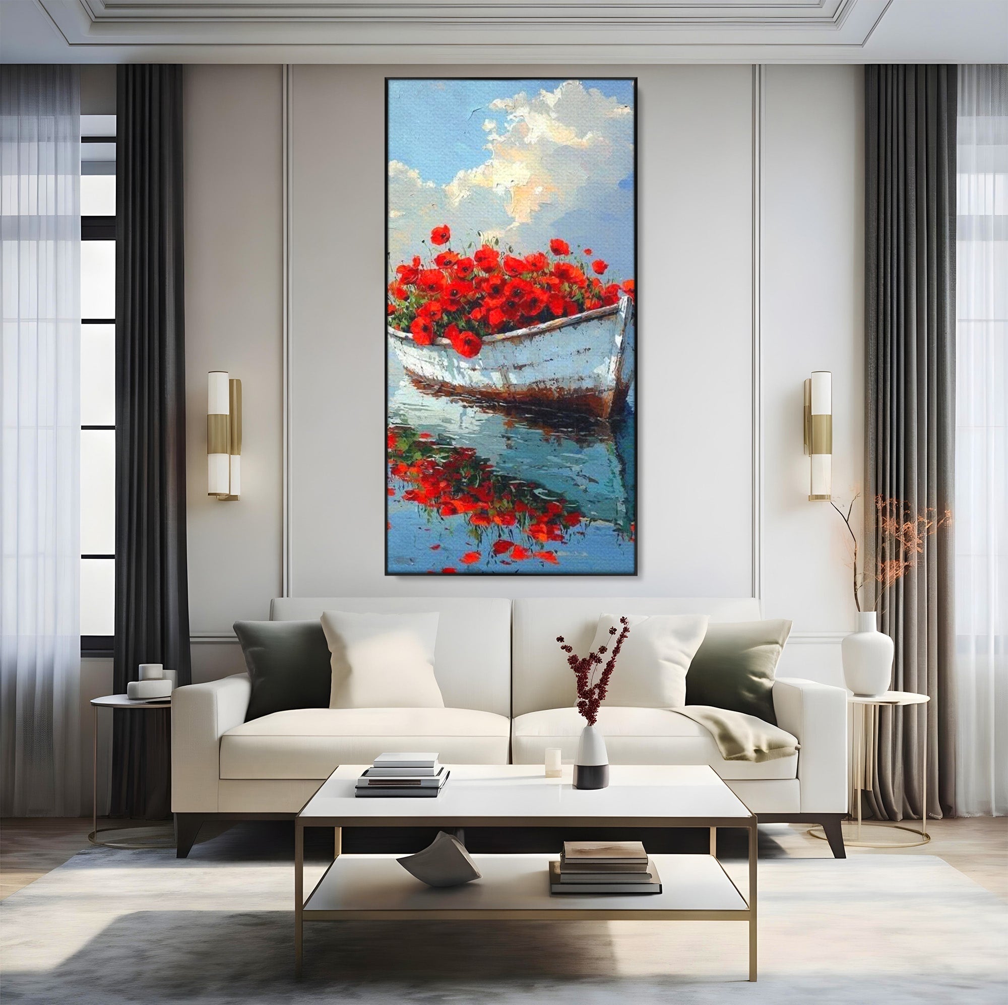 Tablou Canvas Premium LuxCanva® PI1171, Barca Cu Maci, Ambarcatiune, Rosu, Peisaj, Apa, Living, Culori Vibrante