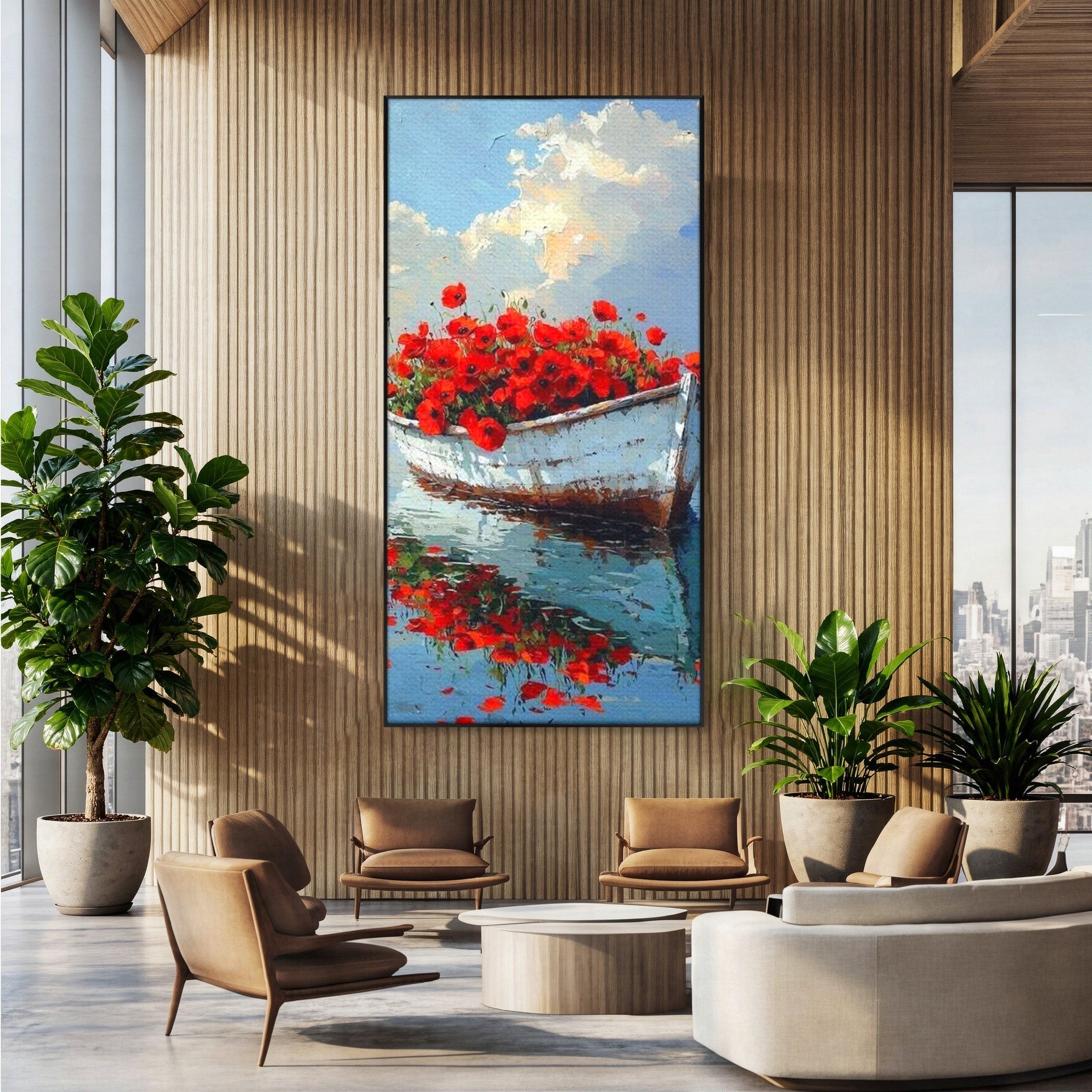 Tablou Canvas Premium LuxCanva® PI1171, Barca Cu Maci, Ambarcatiune, Rosu, Peisaj, Apa, Living, Culori Vibrante