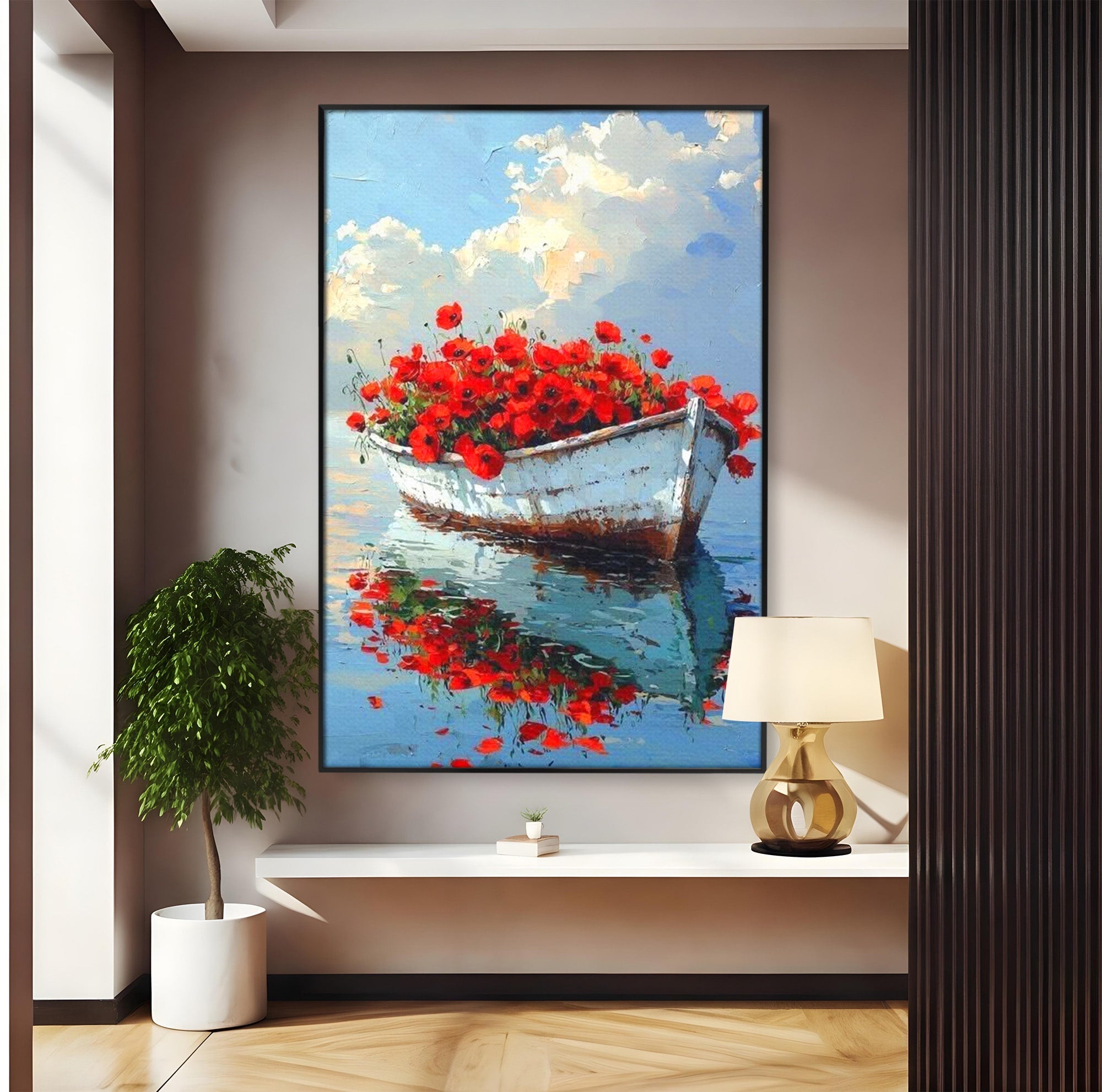 Tablou Canvas Premium LuxCanva® PI1171, Barca Cu Maci, Ambarcatiune, Rosu, Peisaj, Apa, Living, Culori Vibrante
