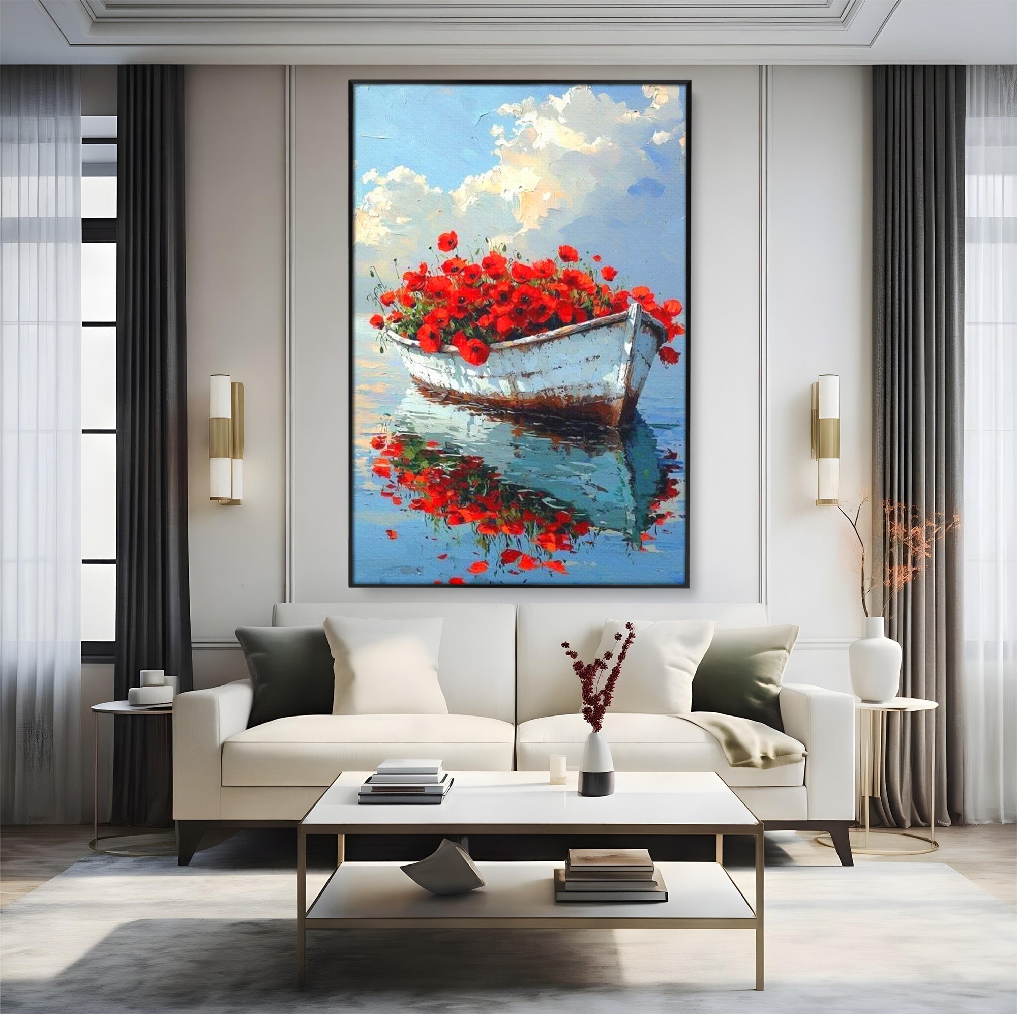 Tablou Canvas Premium LuxCanva® PI1171, Barca Cu Maci, Ambarcatiune, Rosu, Peisaj, Apa, Living, Culori Vibrante