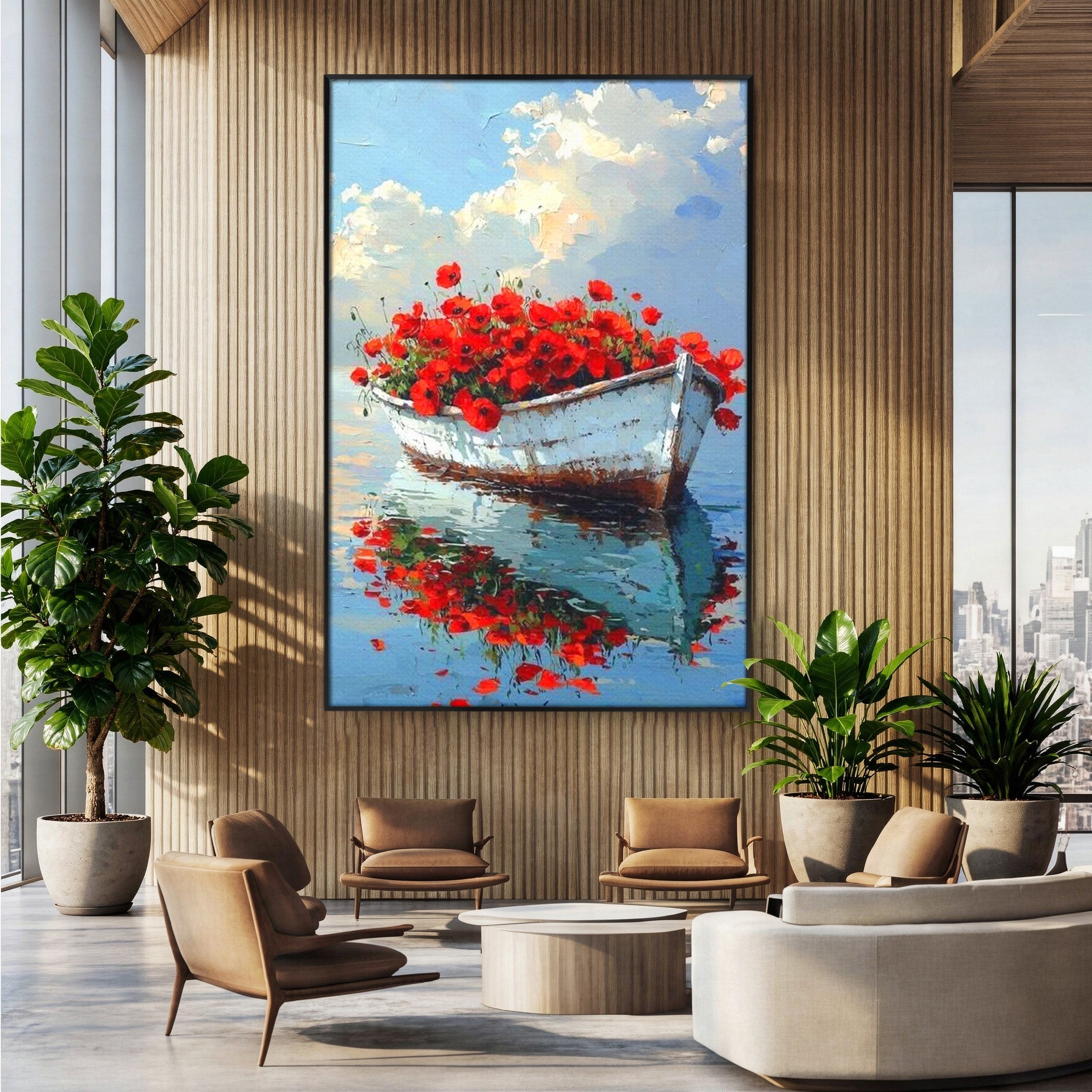 Tablou Canvas Premium LuxCanva® PI1171, Barca Cu Maci, Ambarcatiune, Rosu, Peisaj, Apa, Living, Culori Vibrante