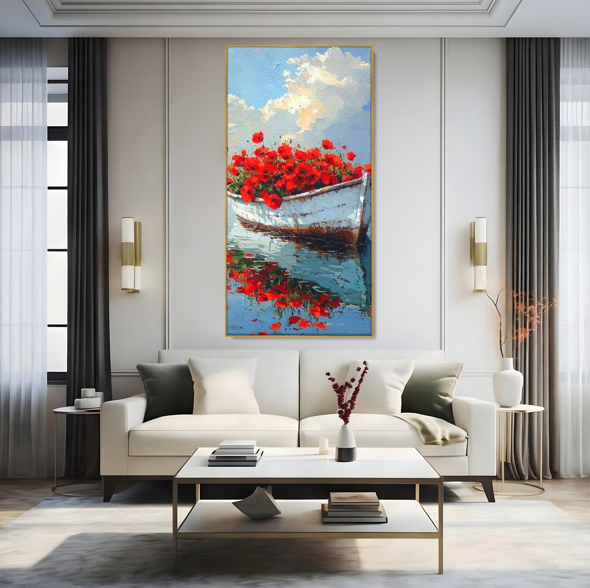 Tablou Canvas Premium LuxCanva® PI1171, Barca Cu Maci, Ambarcatiune, Rosu, Peisaj, Apa, Living, Culori Vibrante