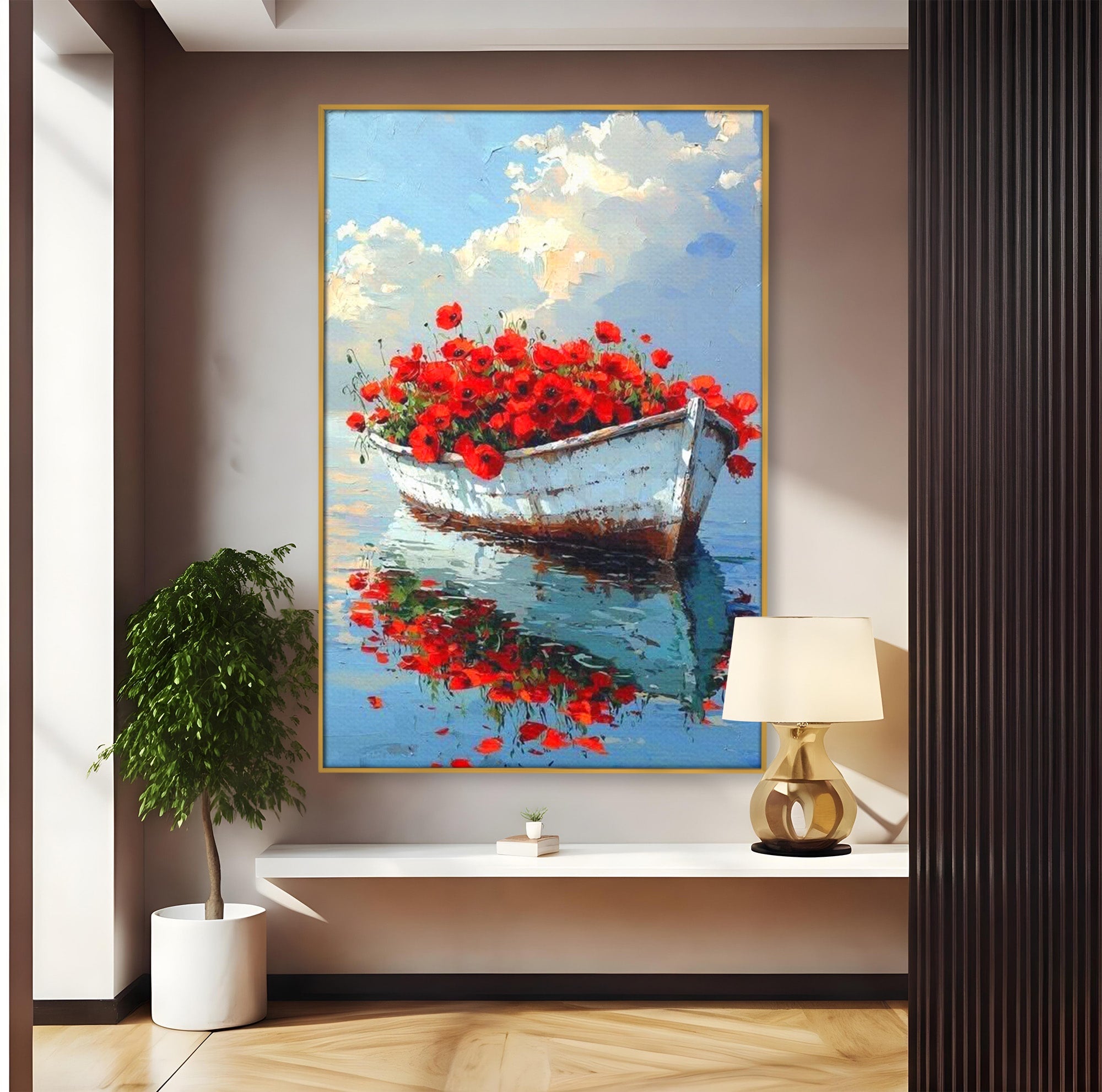 Tablou Canvas Premium LuxCanva® PI1171, Barca Cu Maci, Ambarcatiune, Rosu, Peisaj, Apa, Living, Culori Vibrante
