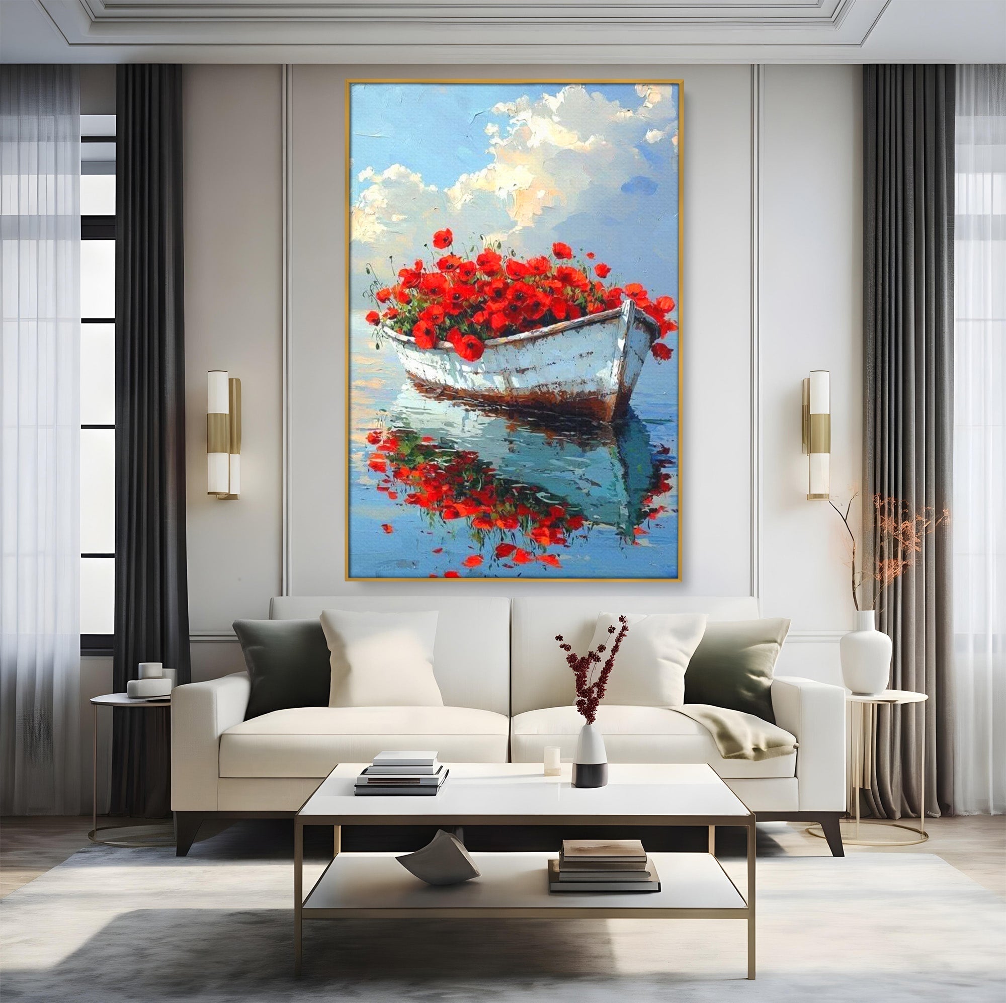 Tablou Canvas Premium LuxCanva® PI1171, Barca Cu Maci, Ambarcatiune, Rosu, Peisaj, Apa, Living, Culori Vibrante