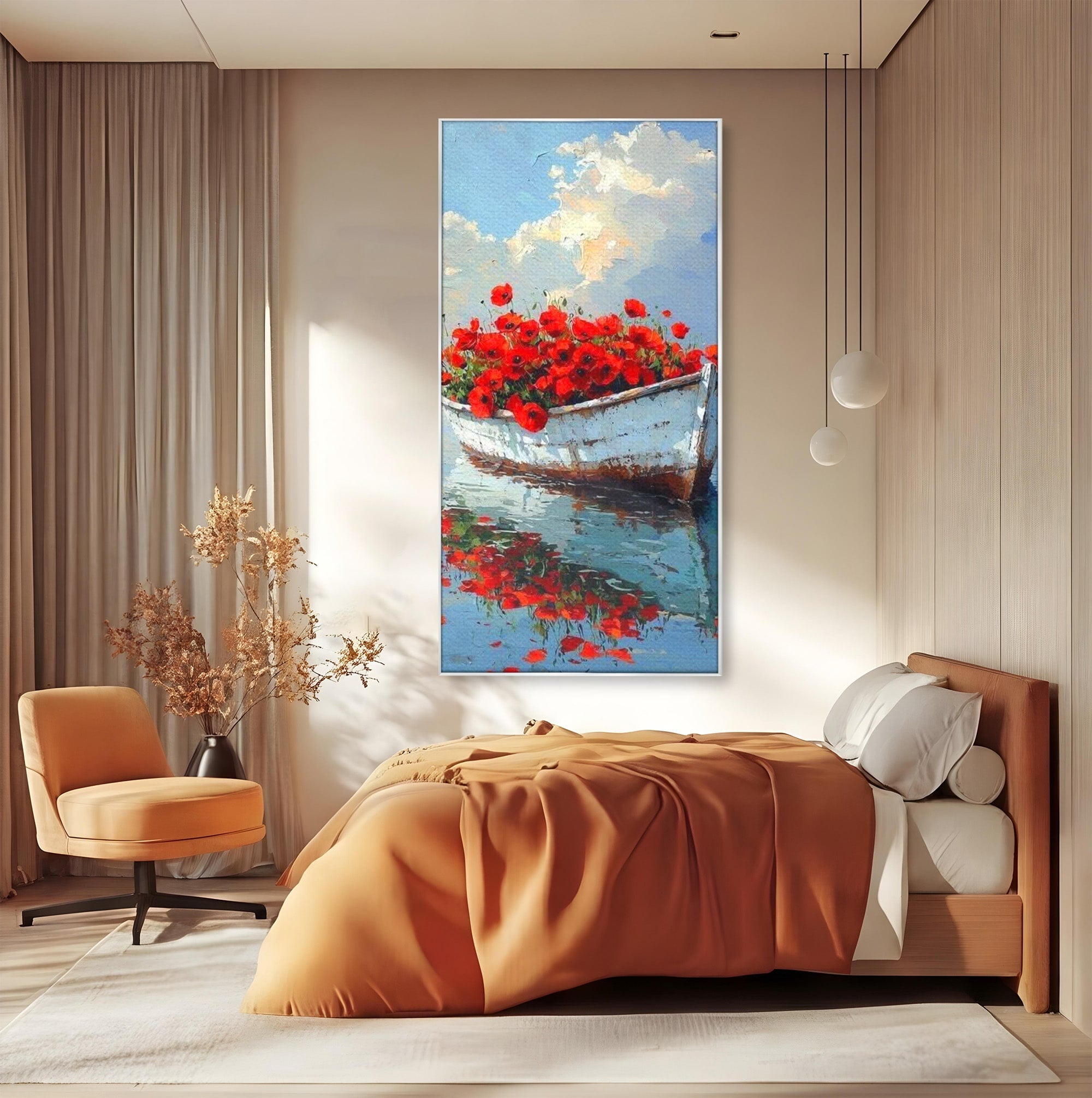 Tablou Canvas Premium LuxCanva® PI1171, Barca Cu Maci, Ambarcatiune, Rosu, Peisaj, Apa, Living, Culori Vibrante
