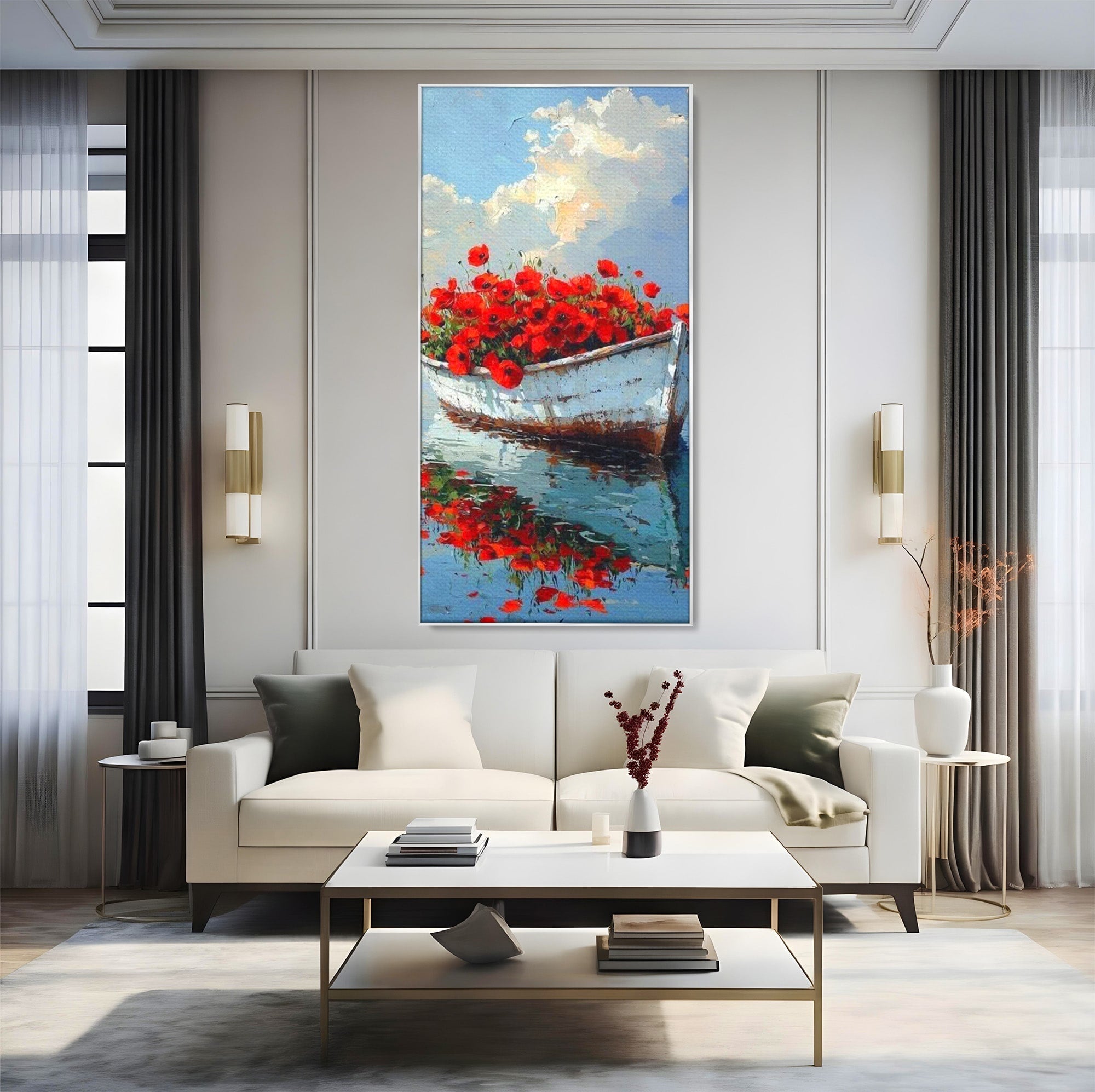 Tablou Canvas Premium LuxCanva® PI1171, Barca Cu Maci, Ambarcatiune, Rosu, Peisaj, Apa, Living, Culori Vibrante