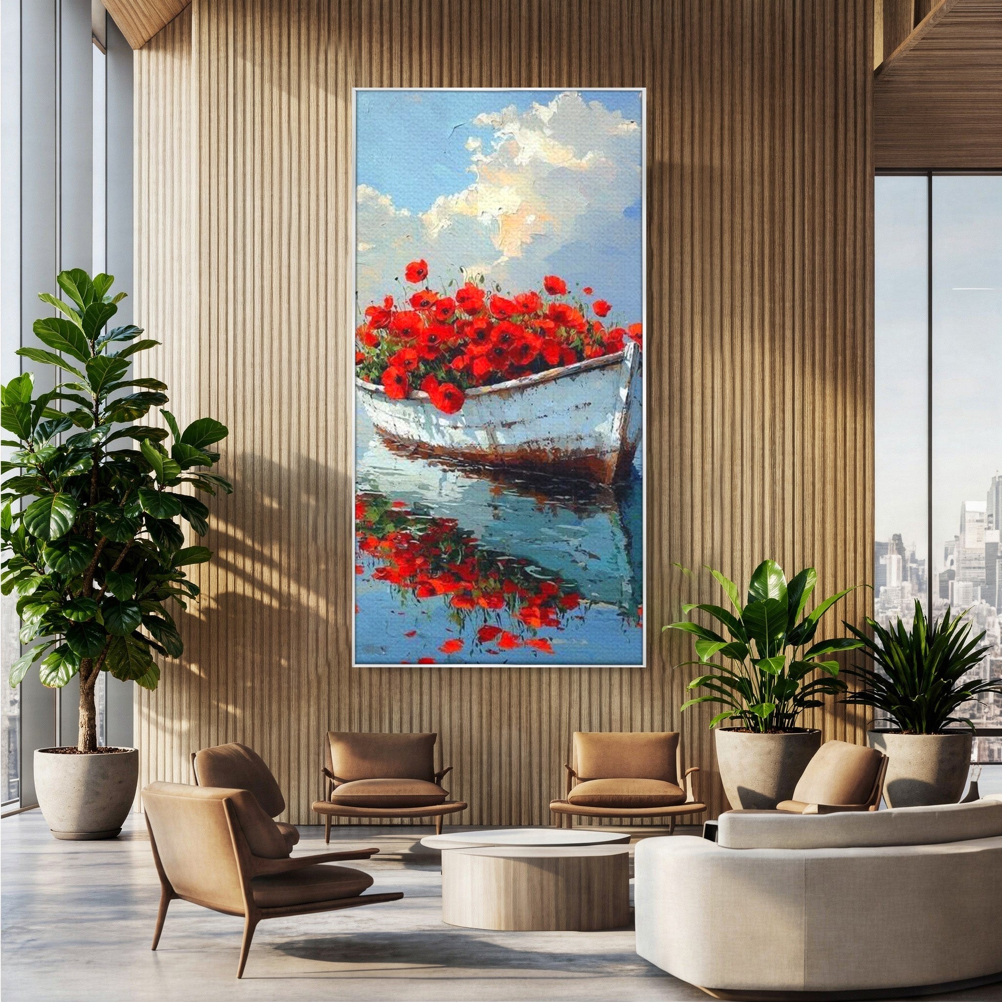 Tablou Canvas Premium LuxCanva® PI1171, Barca Cu Maci, Ambarcatiune, Rosu, Peisaj, Apa, Living, Culori Vibrante