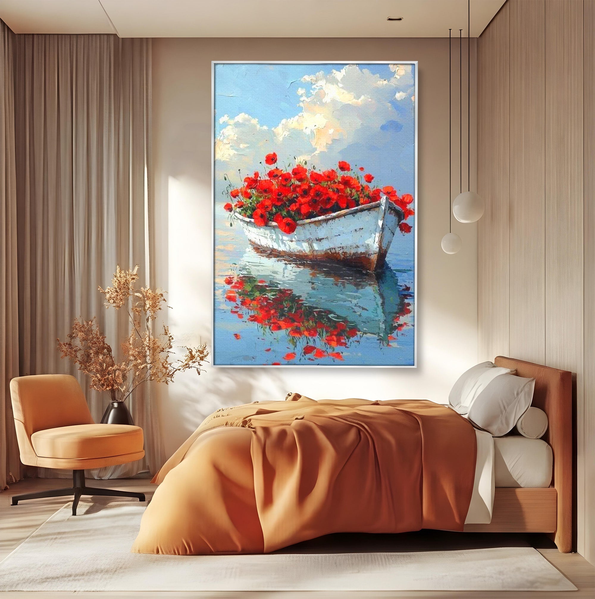 Tablou Canvas Premium LuxCanva® PI1171, Barca Cu Maci, Ambarcatiune, Rosu, Peisaj, Apa, Living, Culori Vibrante