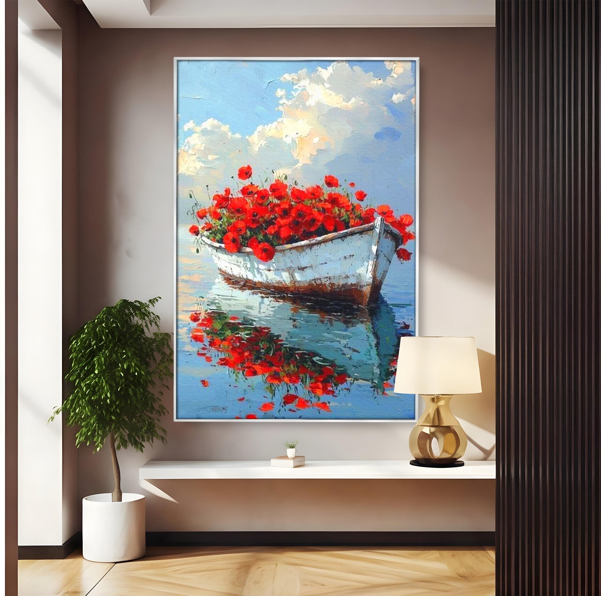 Tablou Canvas Premium LuxCanva® PI1171, Barca Cu Maci, Ambarcatiune, Rosu, Peisaj, Apa, Living, Culori Vibrante