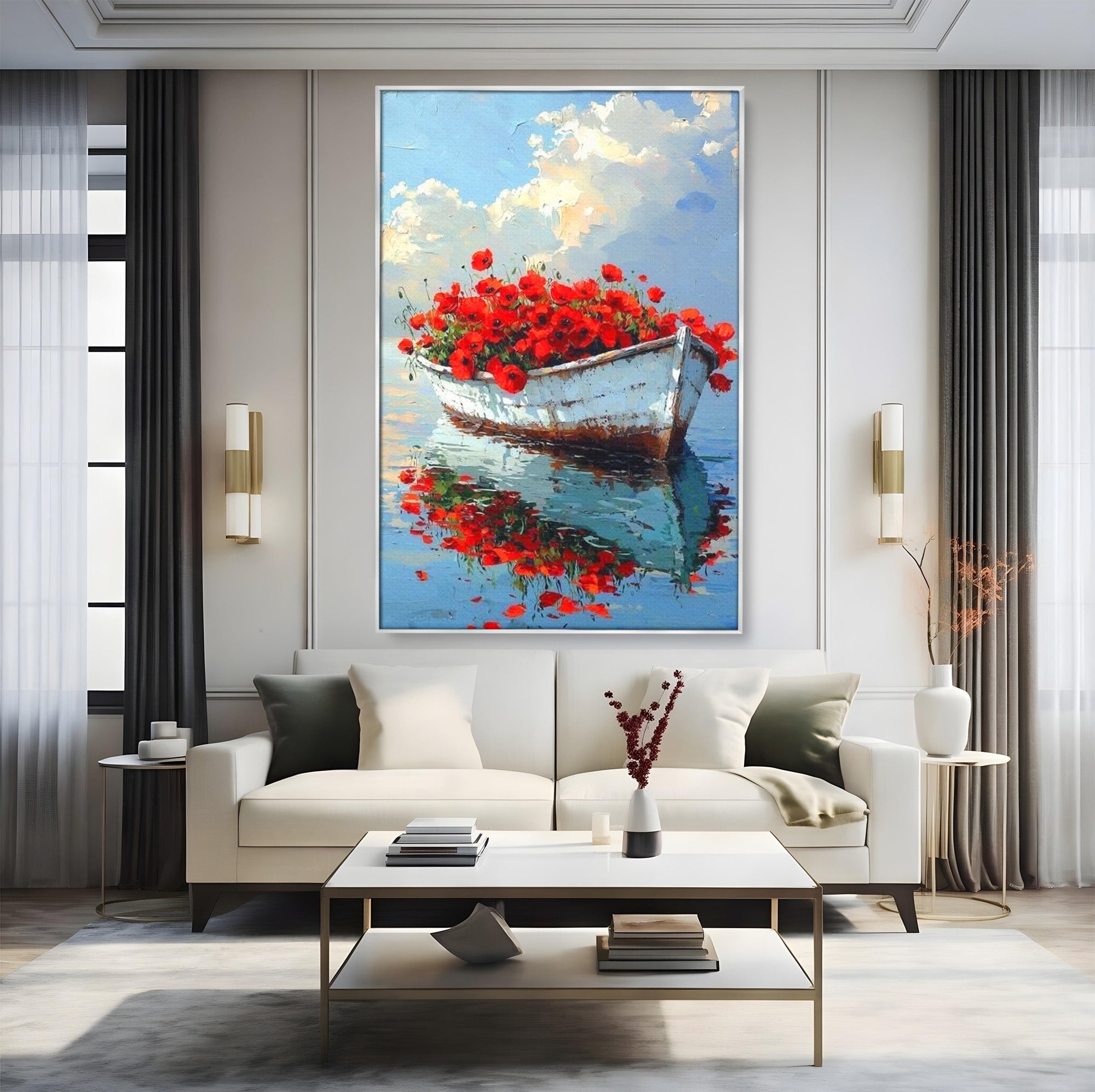 Tablou Canvas Premium LuxCanva® PI1171, Barca Cu Maci, Ambarcatiune, Rosu, Peisaj, Apa, Living, Culori Vibrante