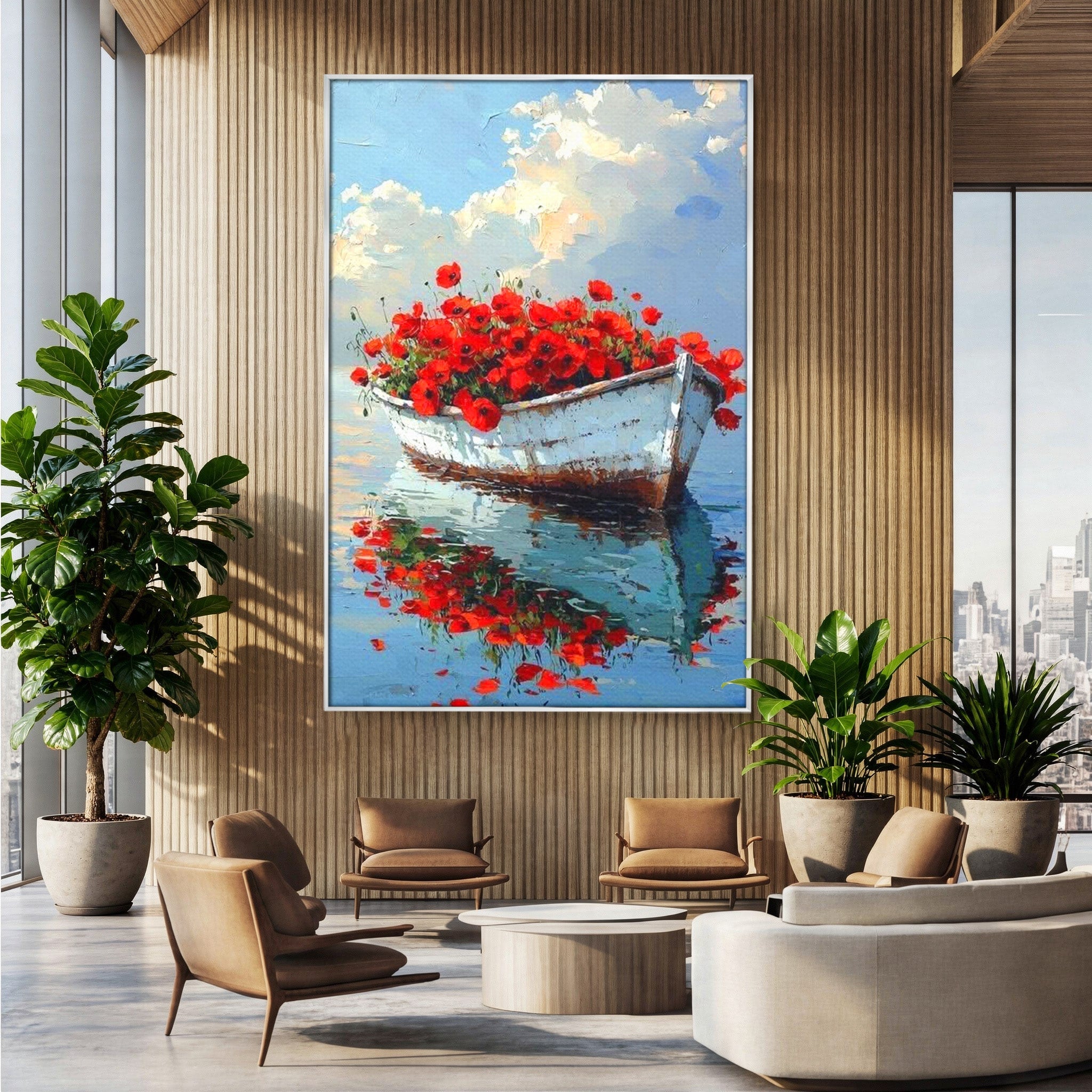 Tablou Canvas Premium LuxCanva® PI1171, Barca Cu Maci, Ambarcatiune, Rosu, Peisaj, Apa, Living, Culori Vibrante
