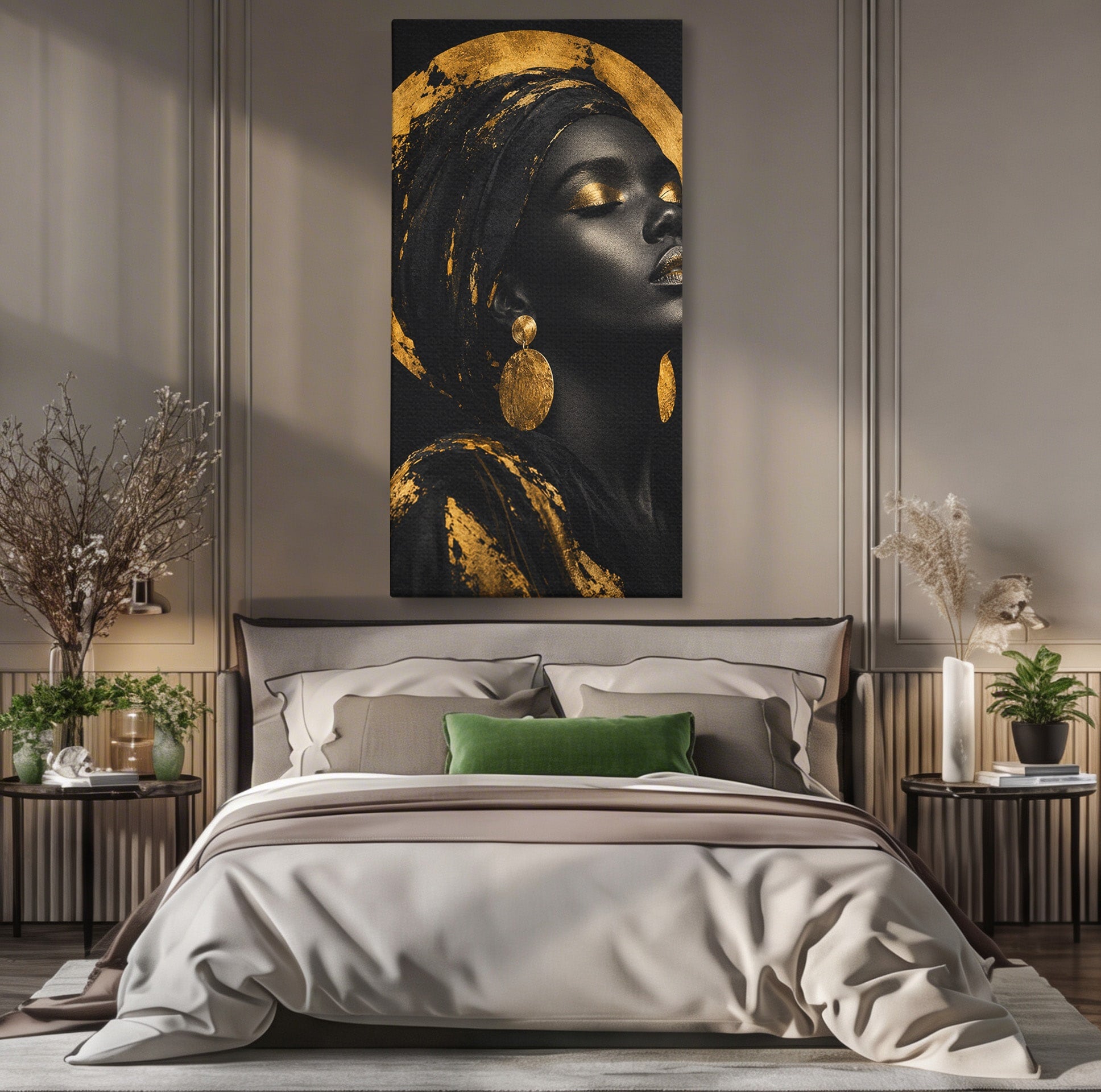 Tablou Canvas Premium LuxCanva® PI1172, Aura De Aur, Portret, Eleganta, Aur, Femeie, Dormitor, Culori Vibrante