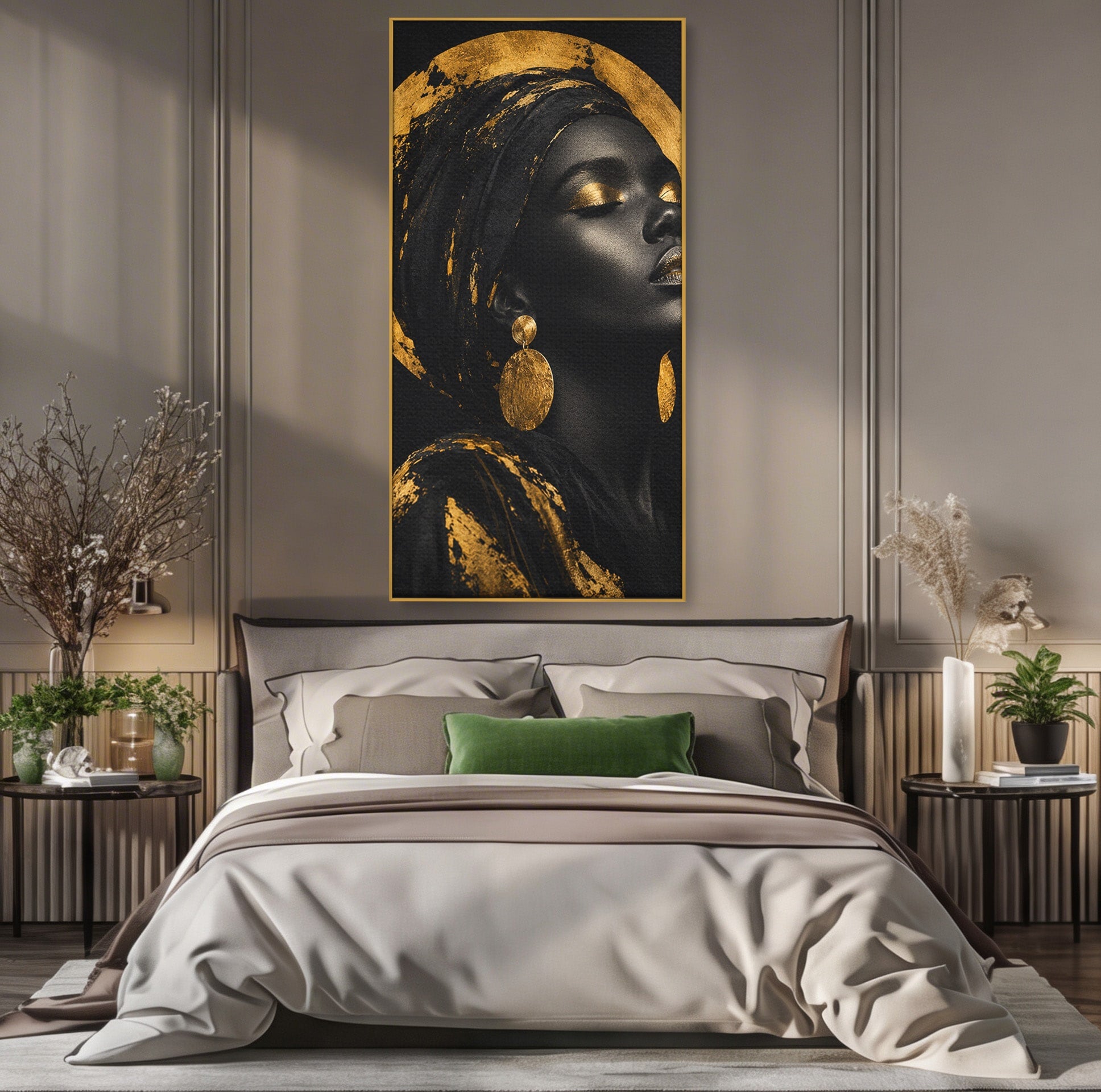 Tablou Canvas Premium LuxCanva® PI1172, Aura De Aur, Portret, Eleganta, Aur, Femeie, Dormitor, Culori Vibrante