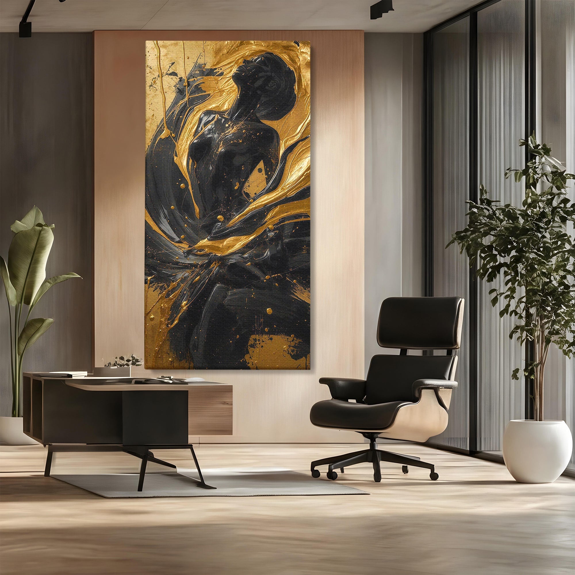 Tablou Canvas Premium LuxCanva® PI1173, Silueta Aurie, Podium, Abstract, Arta Moderna, Eleganta, Living, Culori Vibrante