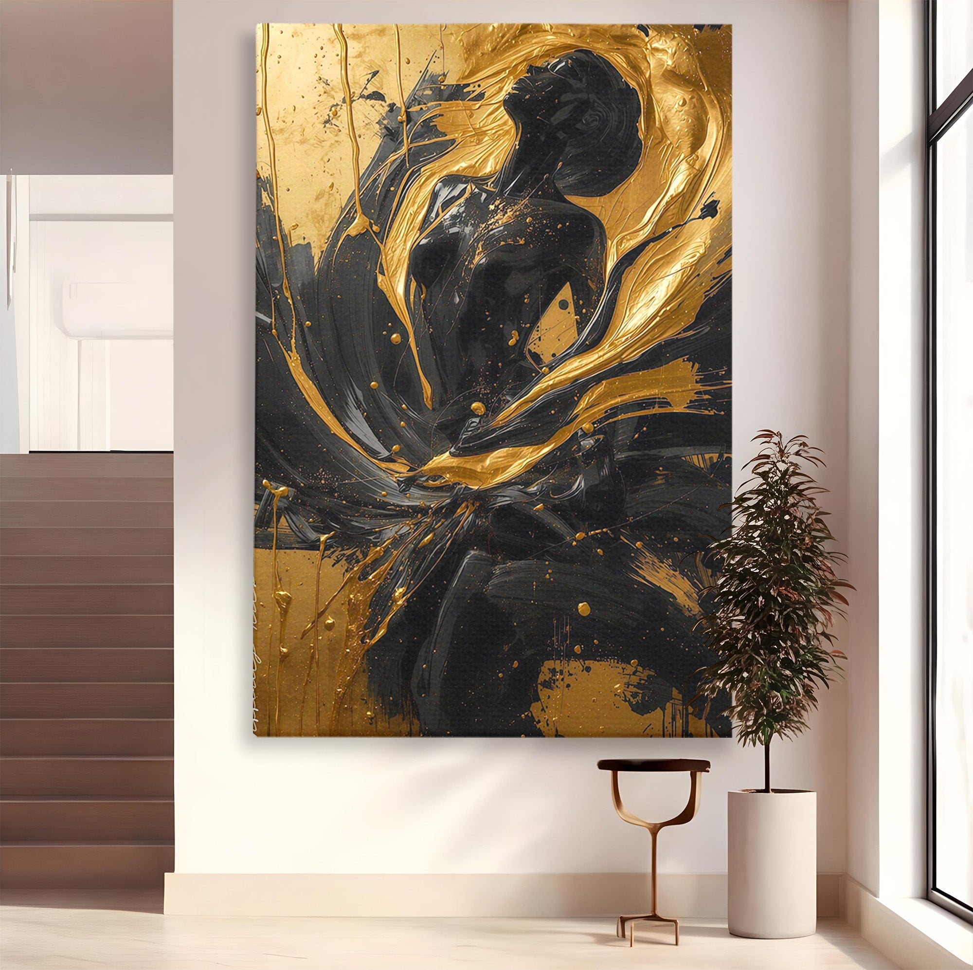 Tablou Canvas Premium LuxCanva® PI1173, Silueta Aurie, Podium, Abstract, Arta Moderna, Eleganta, Living, Culori Vibrante