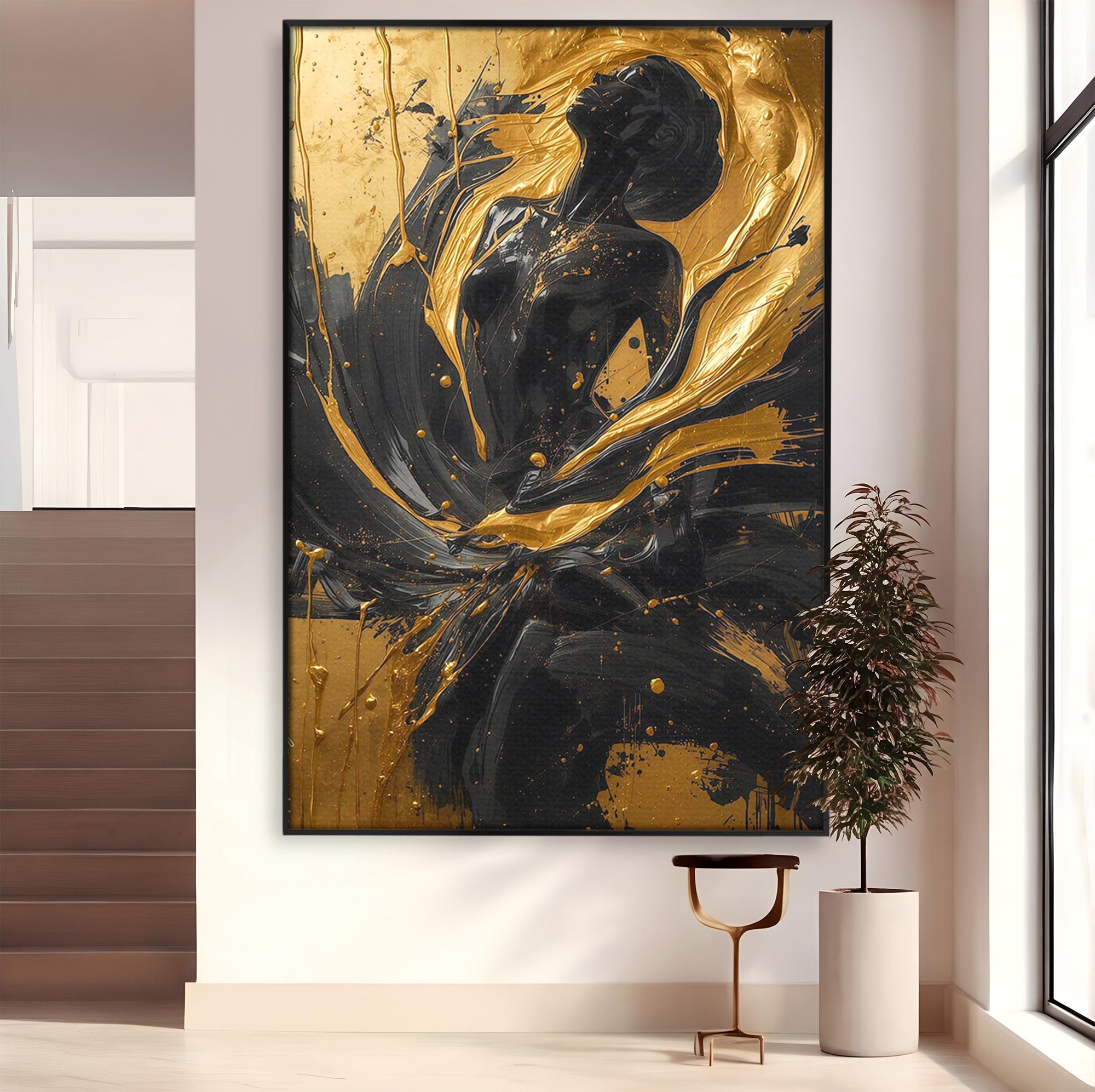 Tablou Canvas Premium LuxCanva® PI1173, Silueta Aurie, Podium, Abstract, Arta Moderna, Eleganta, Living, Culori Vibrante