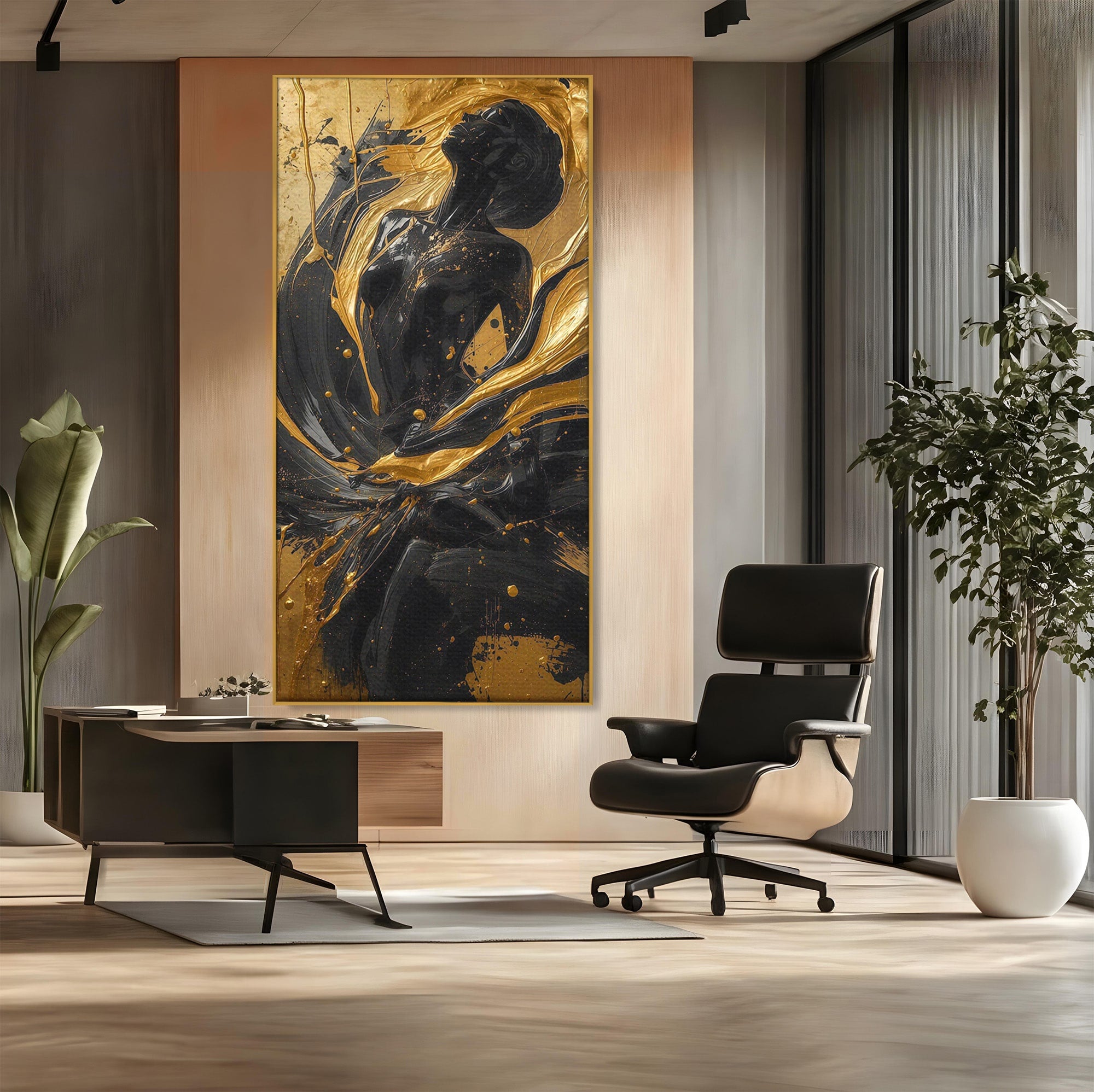 Tablou Canvas Premium LuxCanva® PI1173, Silueta Aurie, Podium, Abstract, Arta Moderna, Eleganta, Living, Culori Vibrante