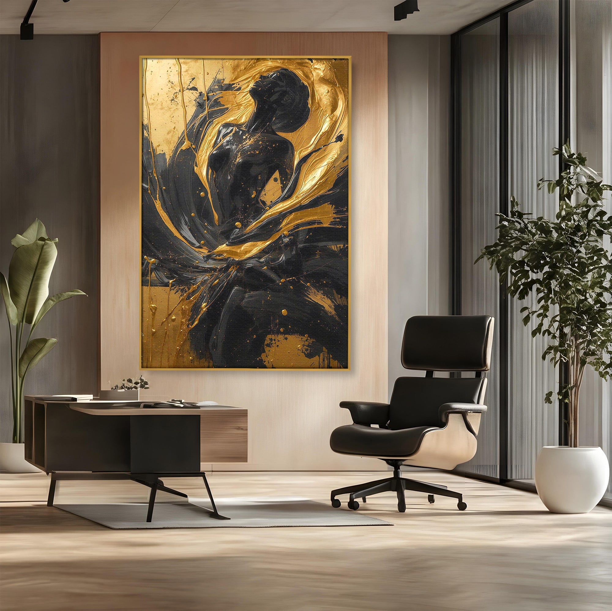 Tablou Canvas Premium LuxCanva® PI1173, Silueta Aurie, Podium, Abstract, Arta Moderna, Eleganta, Living, Culori Vibrante