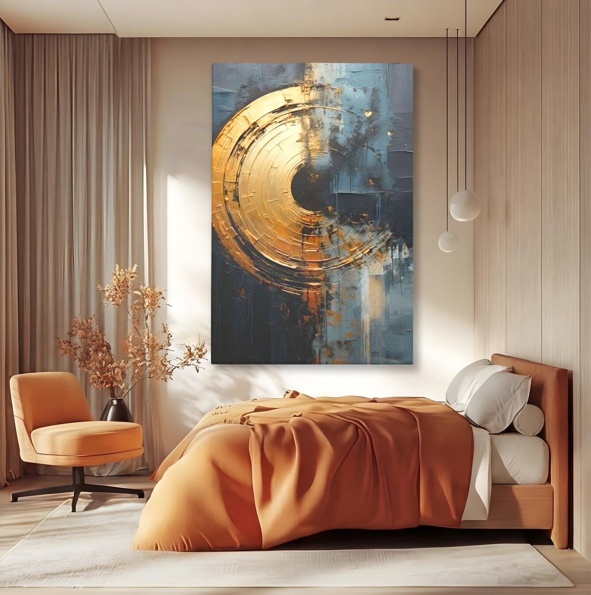 Tablou Canvas Premium LuxCanva® PI1176, Orbita de Aur, Abstract, Cerc, Abis, Modern, Living, Birou, Culori Vibrante