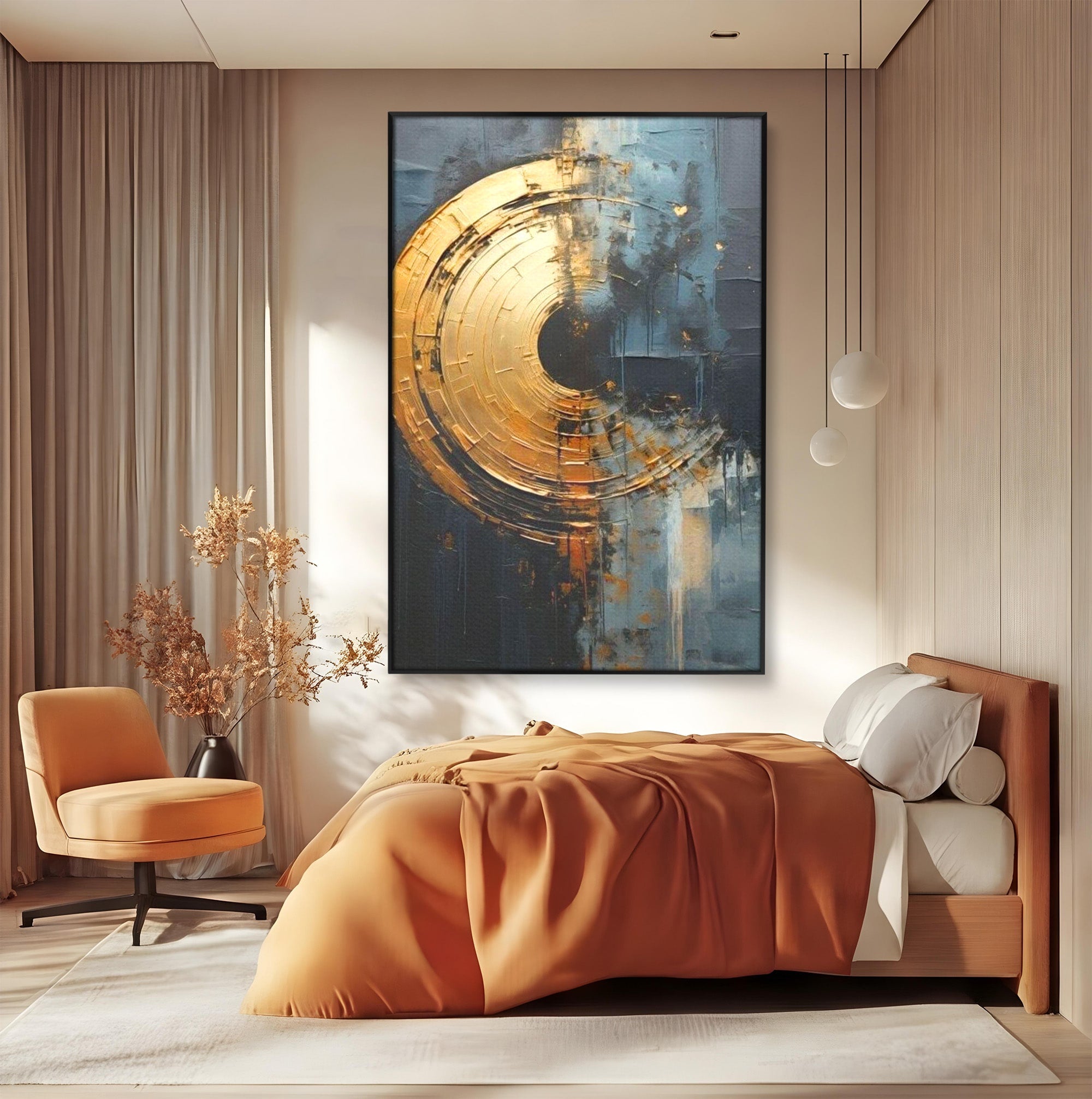 Tablou Canvas Premium LuxCanva® PI1176, Orbita de Aur, Abstract, Cerc, Abis, Modern, Living, Birou, Culori Vibrante
