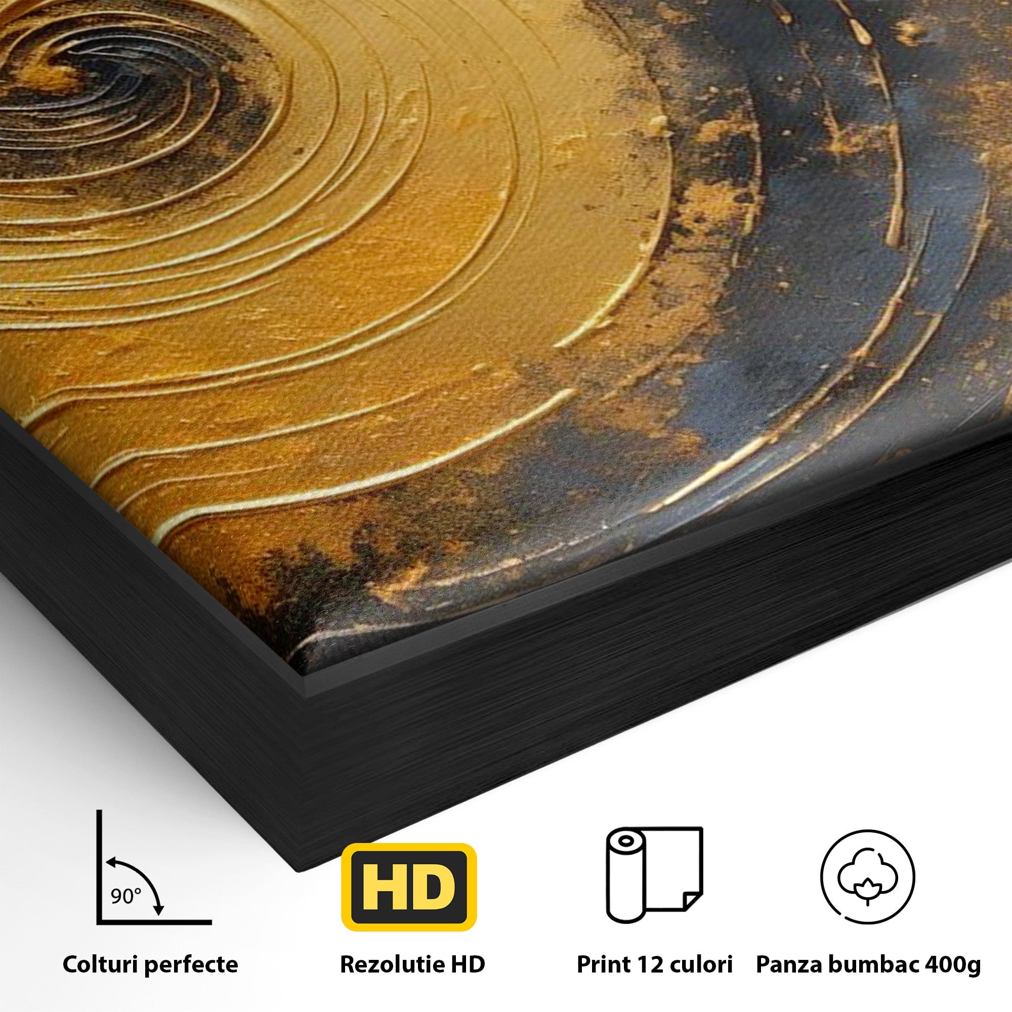 Tablou Canvas Premium LuxCanva® PI1177, Vortexul Auriu, Abstract, Spirala, Eclipsa, Negru, Living, Culori Vibrante