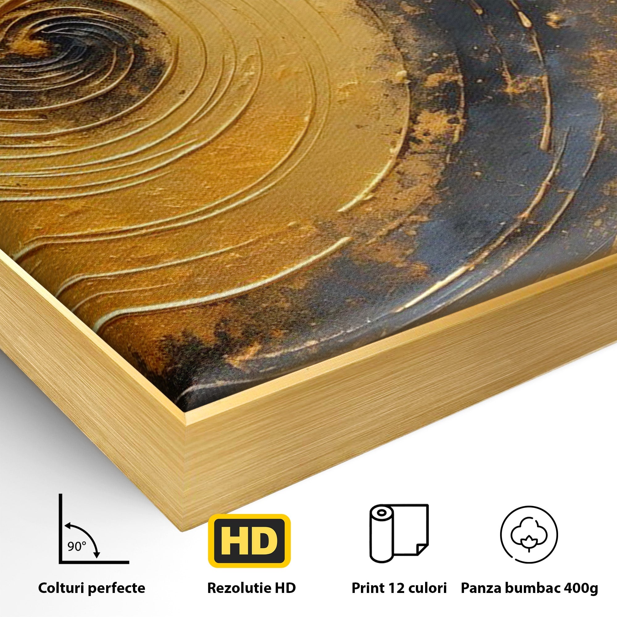 Tablou Canvas Premium LuxCanva® PI1177, Vortexul Auriu, Abstract, Spirala, Eclipsa, Negru, Living, Culori Vibrante