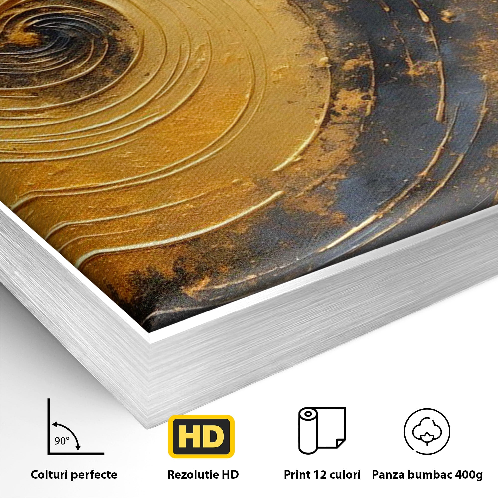 Tablou Canvas Premium LuxCanva® PI1177, Vortexul Auriu, Abstract, Spirala, Eclipsa, Negru, Living, Culori Vibrante