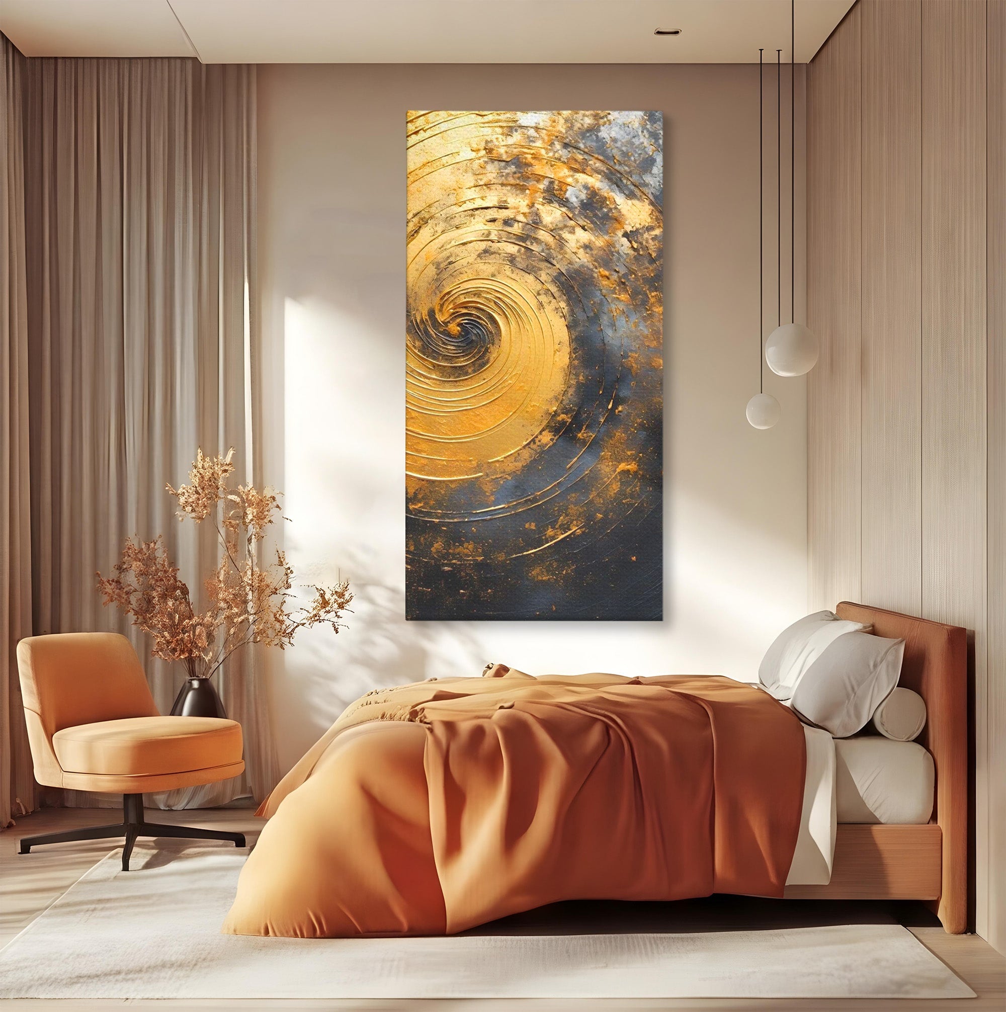 Tablou Canvas Premium LuxCanva® PI1177, Vortexul Auriu, Abstract, Spirala, Eclipsa, Negru, Living, Culori Vibrante
