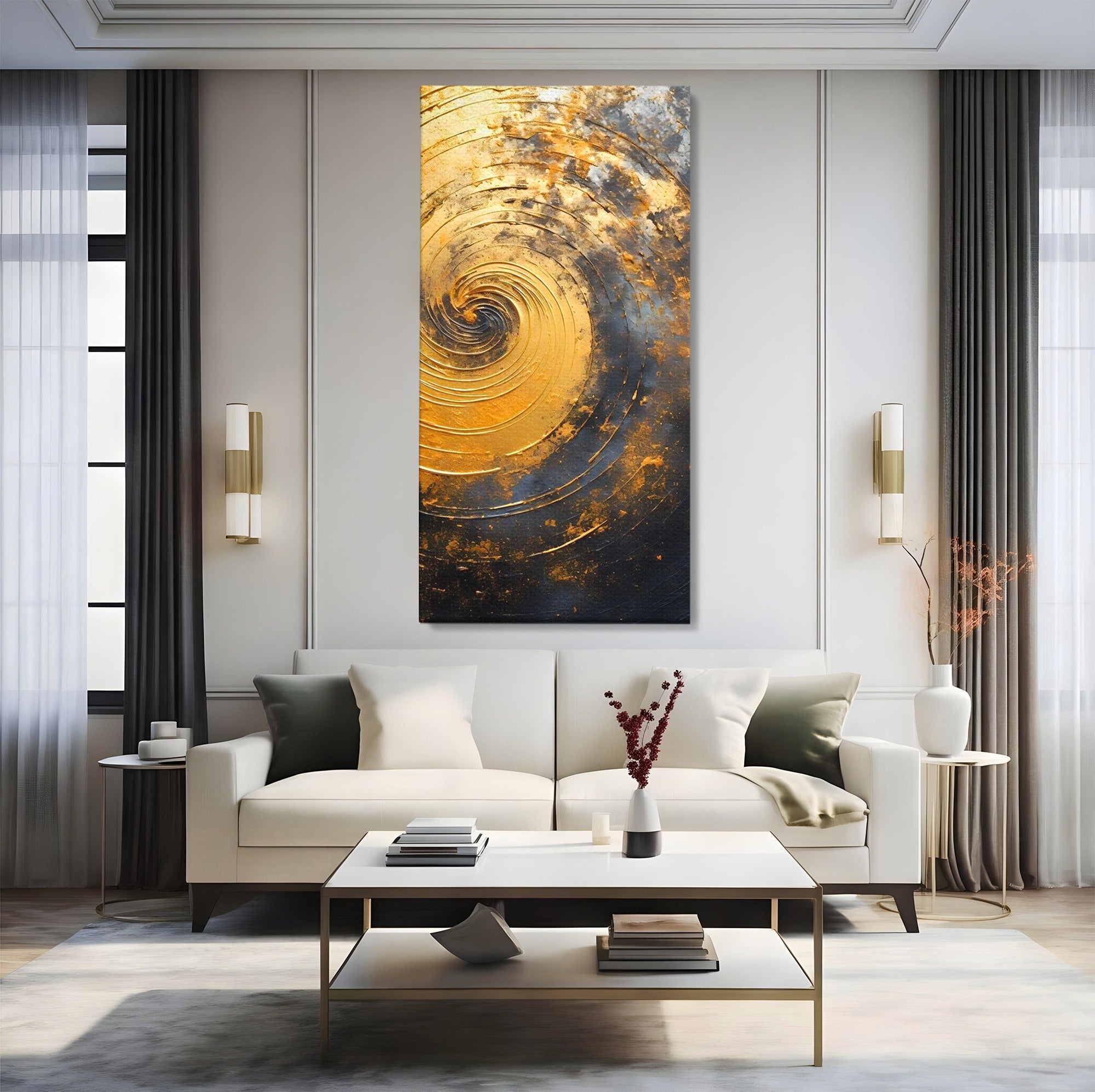 Tablou Canvas Premium LuxCanva® PI1177, Vortexul Auriu, Abstract, Spirala, Eclipsa, Negru, Living, Culori Vibrante