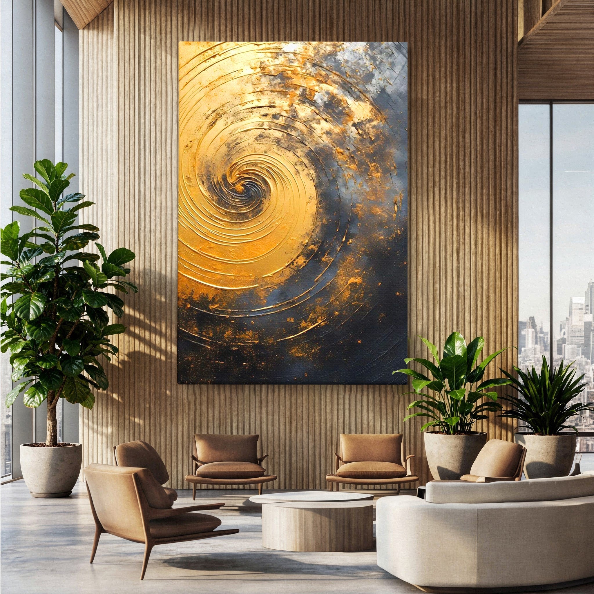 Tablou Canvas Premium LuxCanva® PI1177, Vortexul Auriu, Abstract, Spirala, Eclipsa, Negru, Living, Culori Vibrante