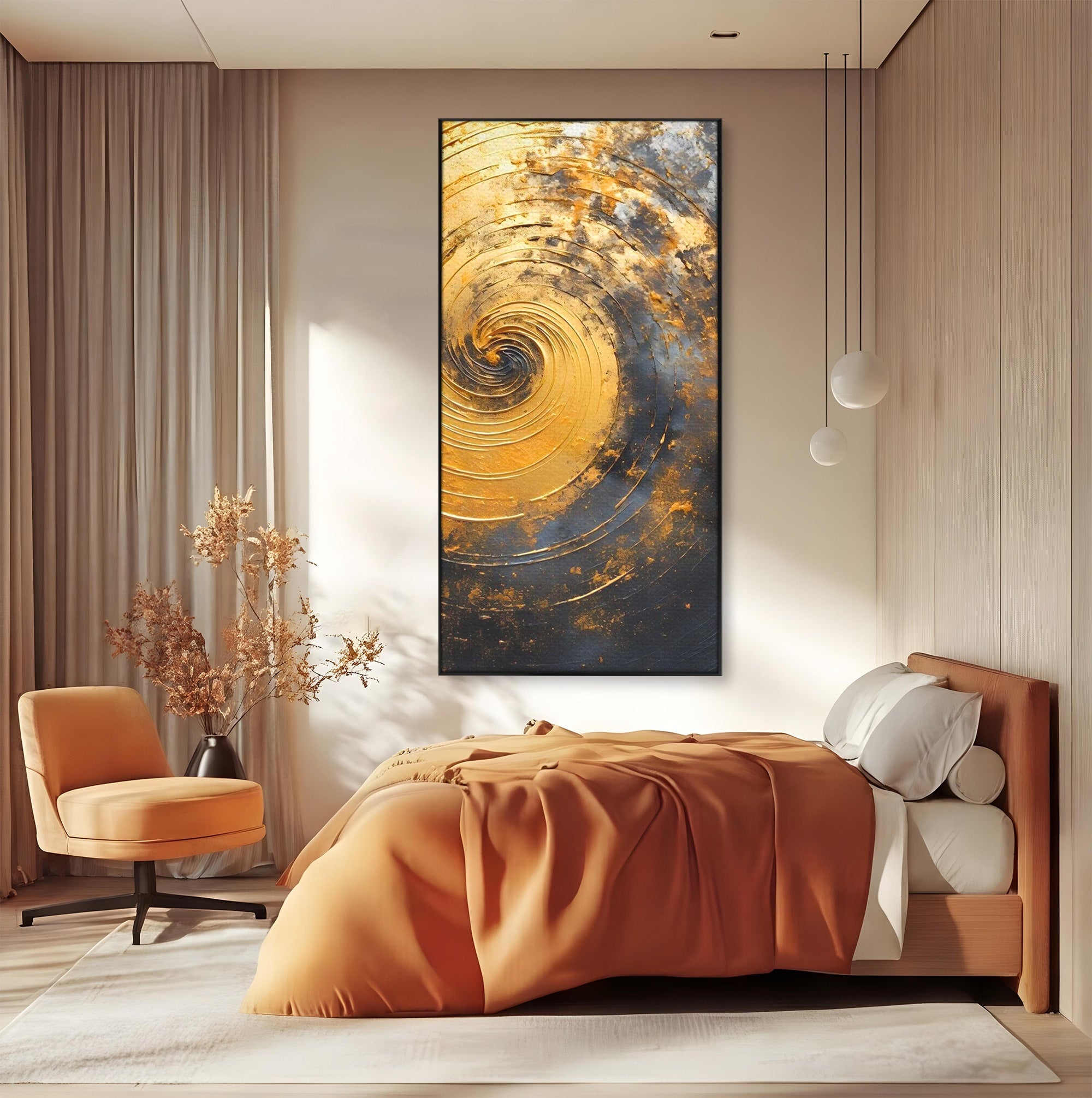 Tablou Canvas Premium LuxCanva® PI1177, Vortexul Auriu, Abstract, Spirala, Eclipsa, Negru, Living, Culori Vibrante