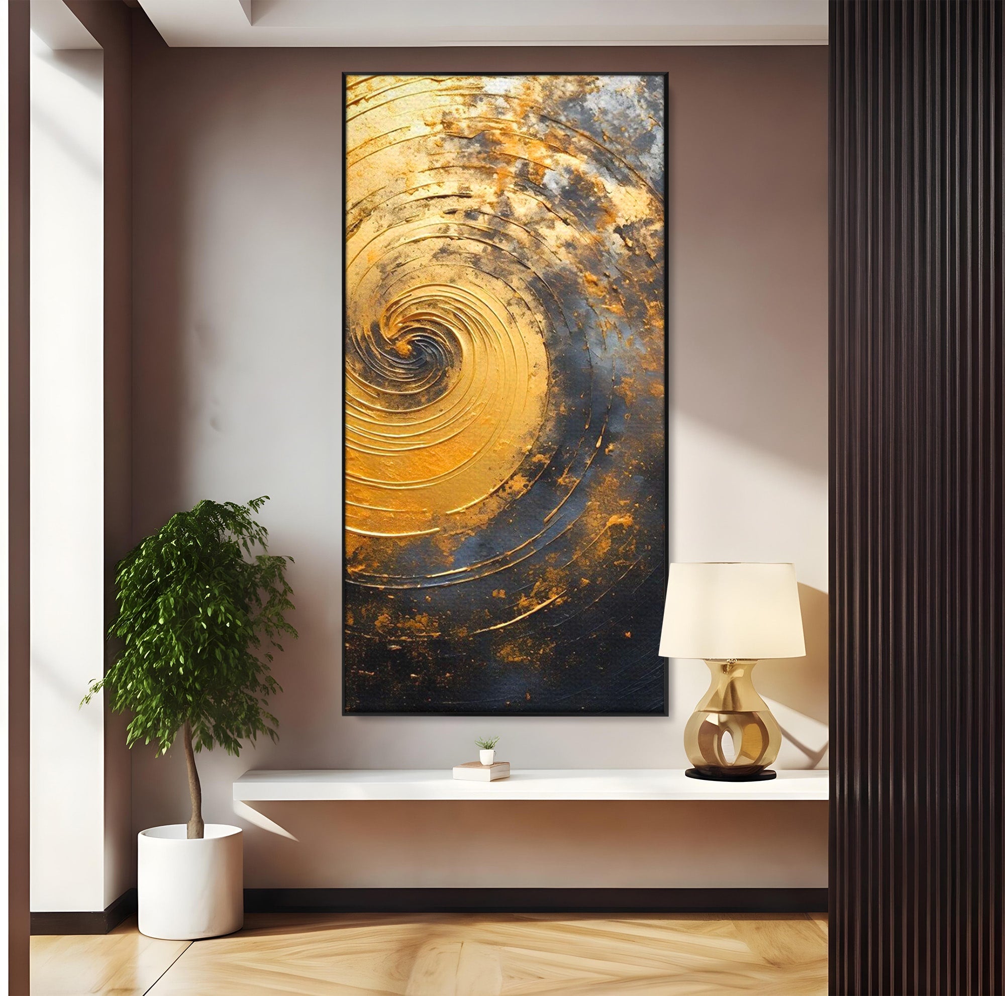 Tablou Canvas Premium LuxCanva® PI1177, Vortexul Auriu, Abstract, Spirala, Eclipsa, Negru, Living, Culori Vibrante