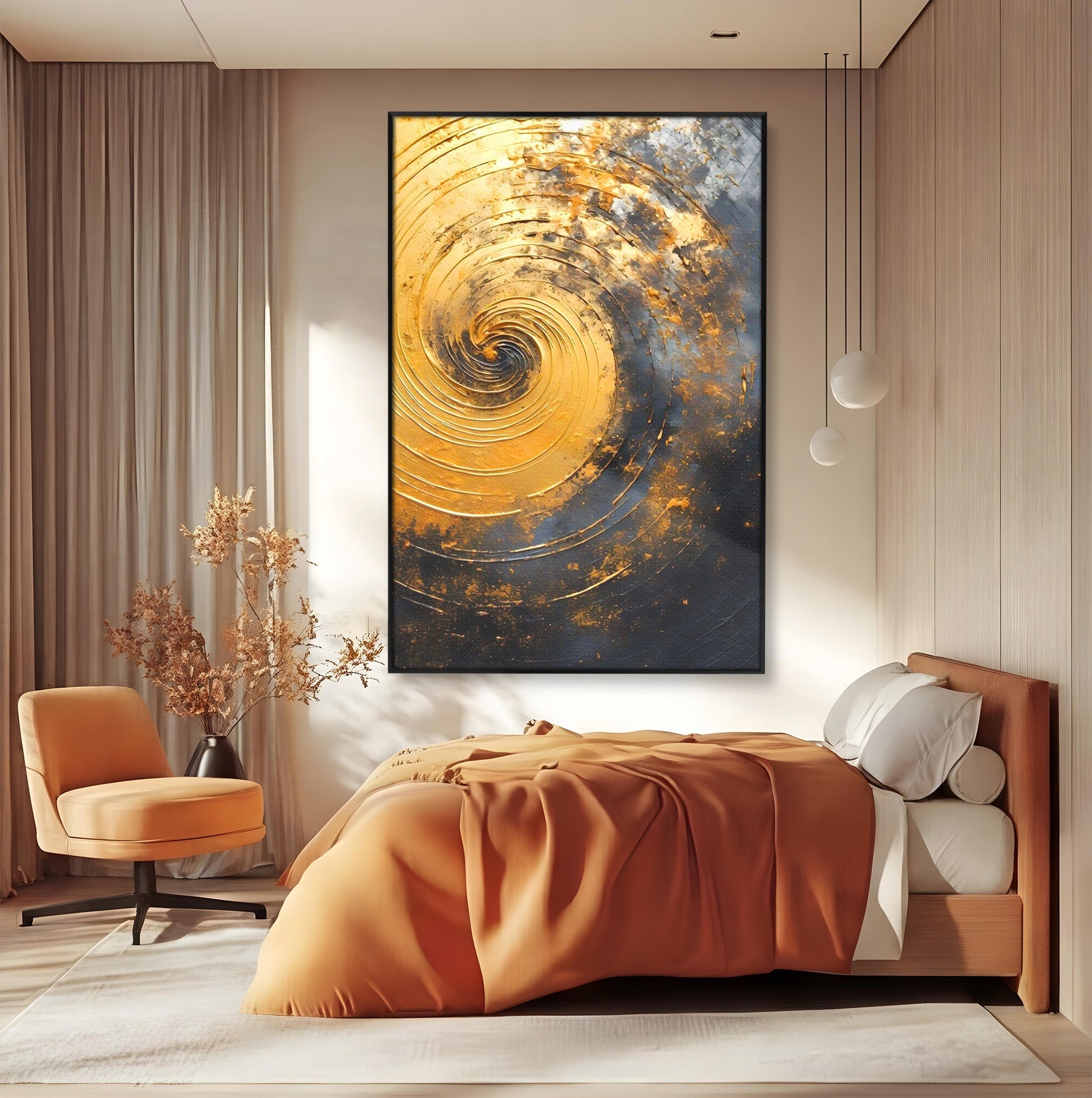 Tablou Canvas Premium LuxCanva® PI1177, Vortexul Auriu, Abstract, Spirala, Eclipsa, Negru, Living, Culori Vibrante
