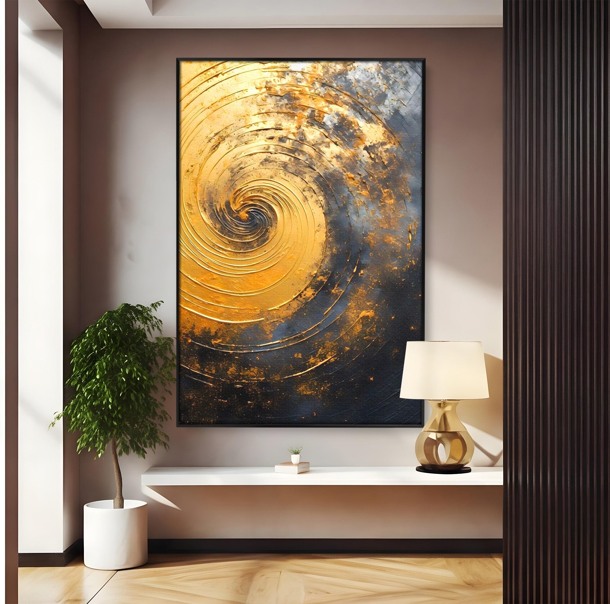Tablou Canvas Premium LuxCanva® PI1177, Vortexul Auriu, Abstract, Spirala, Eclipsa, Negru, Living, Culori Vibrante