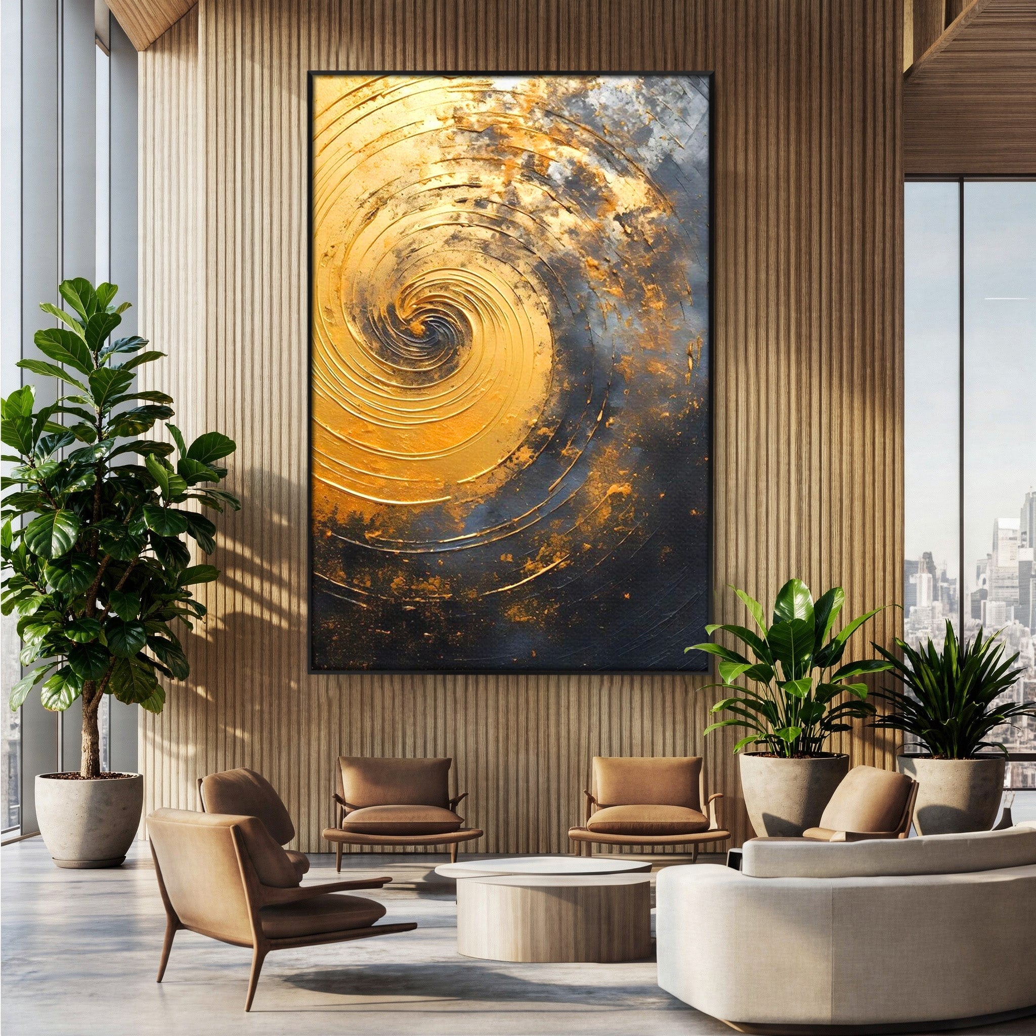 Tablou Canvas Premium LuxCanva® PI1177, Vortexul Auriu, Abstract, Spirala, Eclipsa, Negru, Living, Culori Vibrante