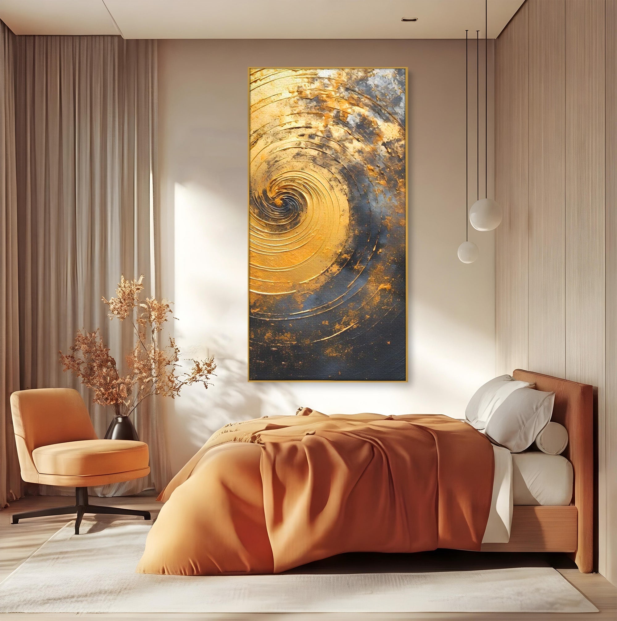 Tablou Canvas Premium LuxCanva® PI1177, Vortexul Auriu, Abstract, Spirala, Eclipsa, Negru, Living, Culori Vibrante