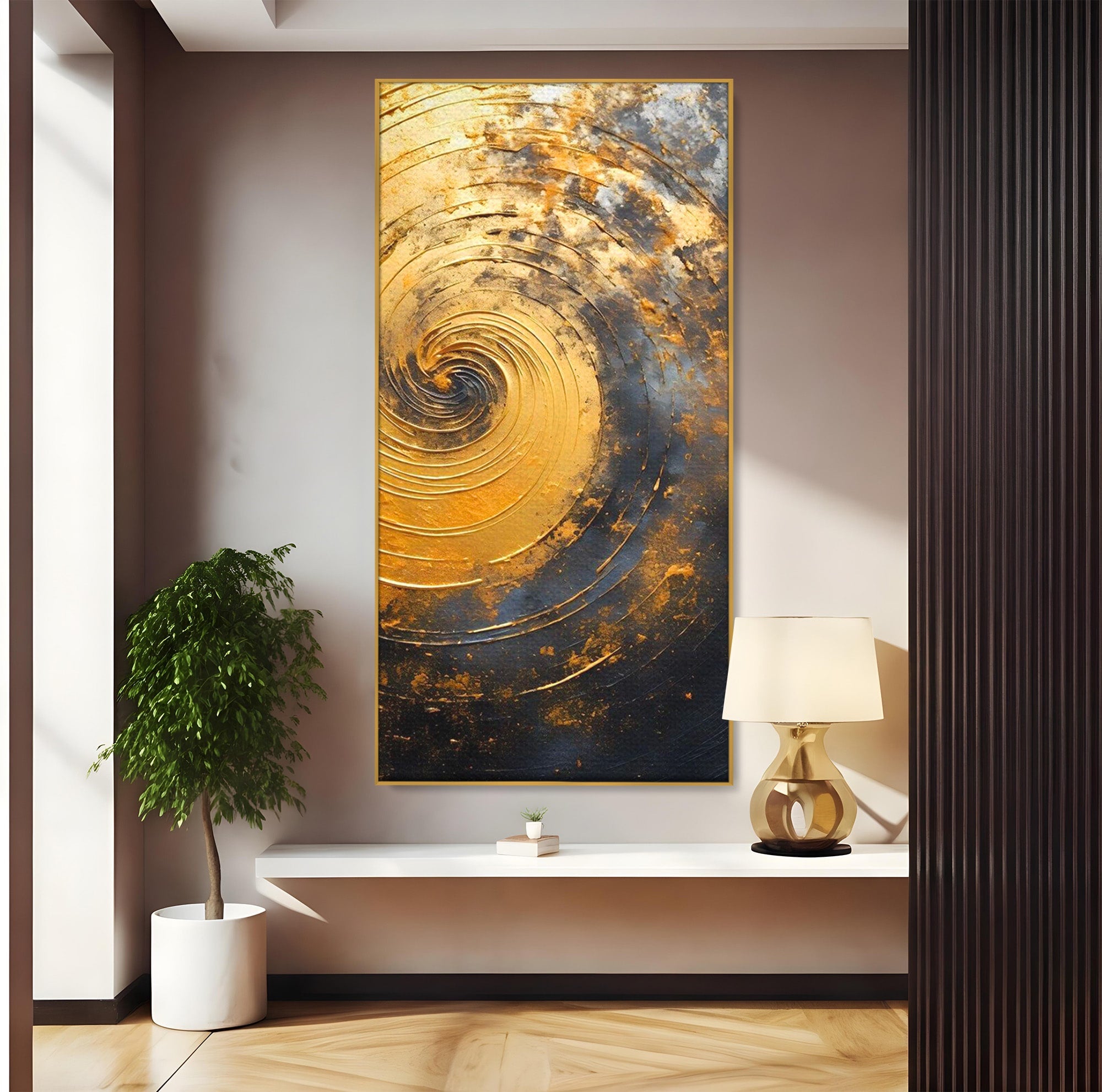Tablou Canvas Premium LuxCanva® PI1177, Vortexul Auriu, Abstract, Spirala, Eclipsa, Negru, Living, Culori Vibrante