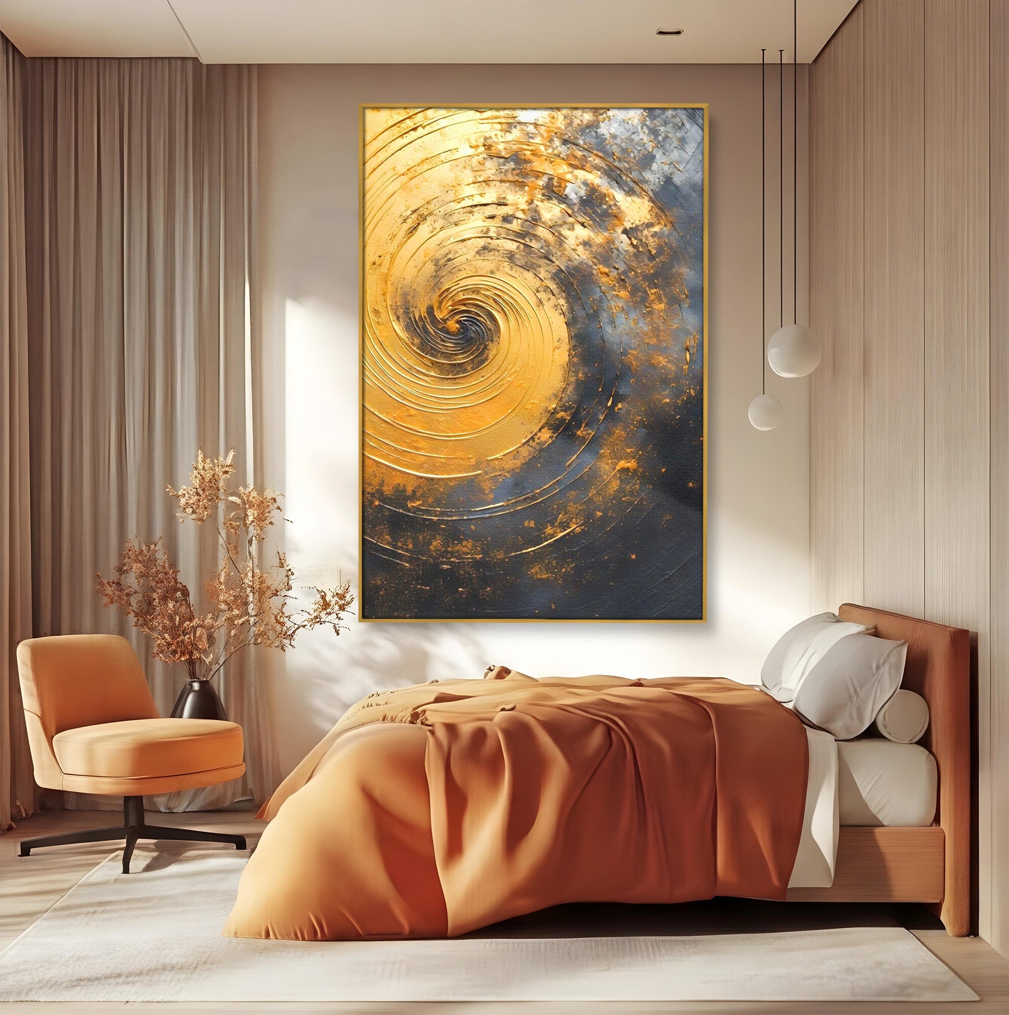 Tablou Canvas Premium LuxCanva® PI1177, Vortexul Auriu, Abstract, Spirala, Eclipsa, Negru, Living, Culori Vibrante