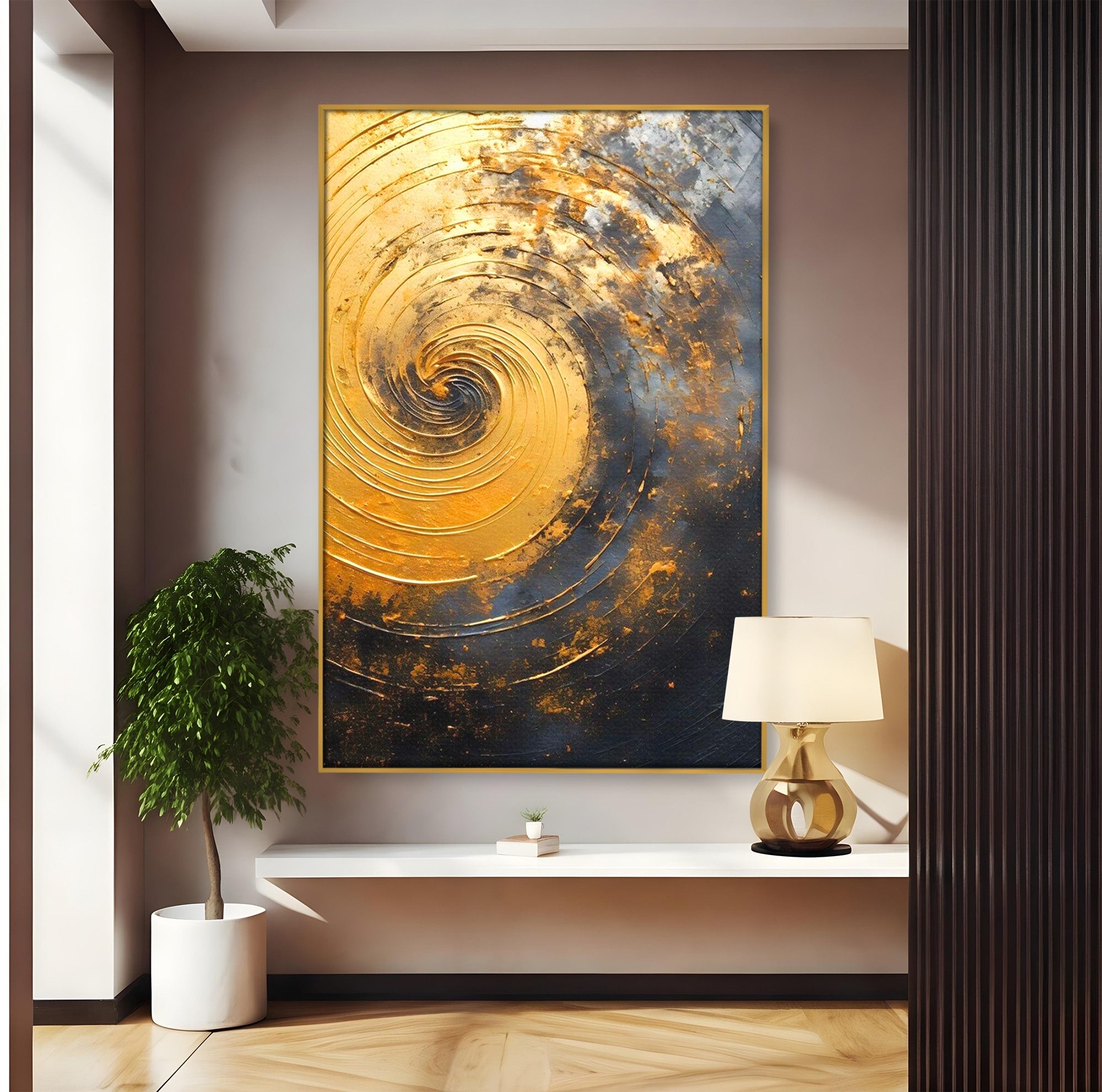 Tablou Canvas Premium LuxCanva® PI1177, Vortexul Auriu, Abstract, Spirala, Eclipsa, Negru, Living, Culori Vibrante