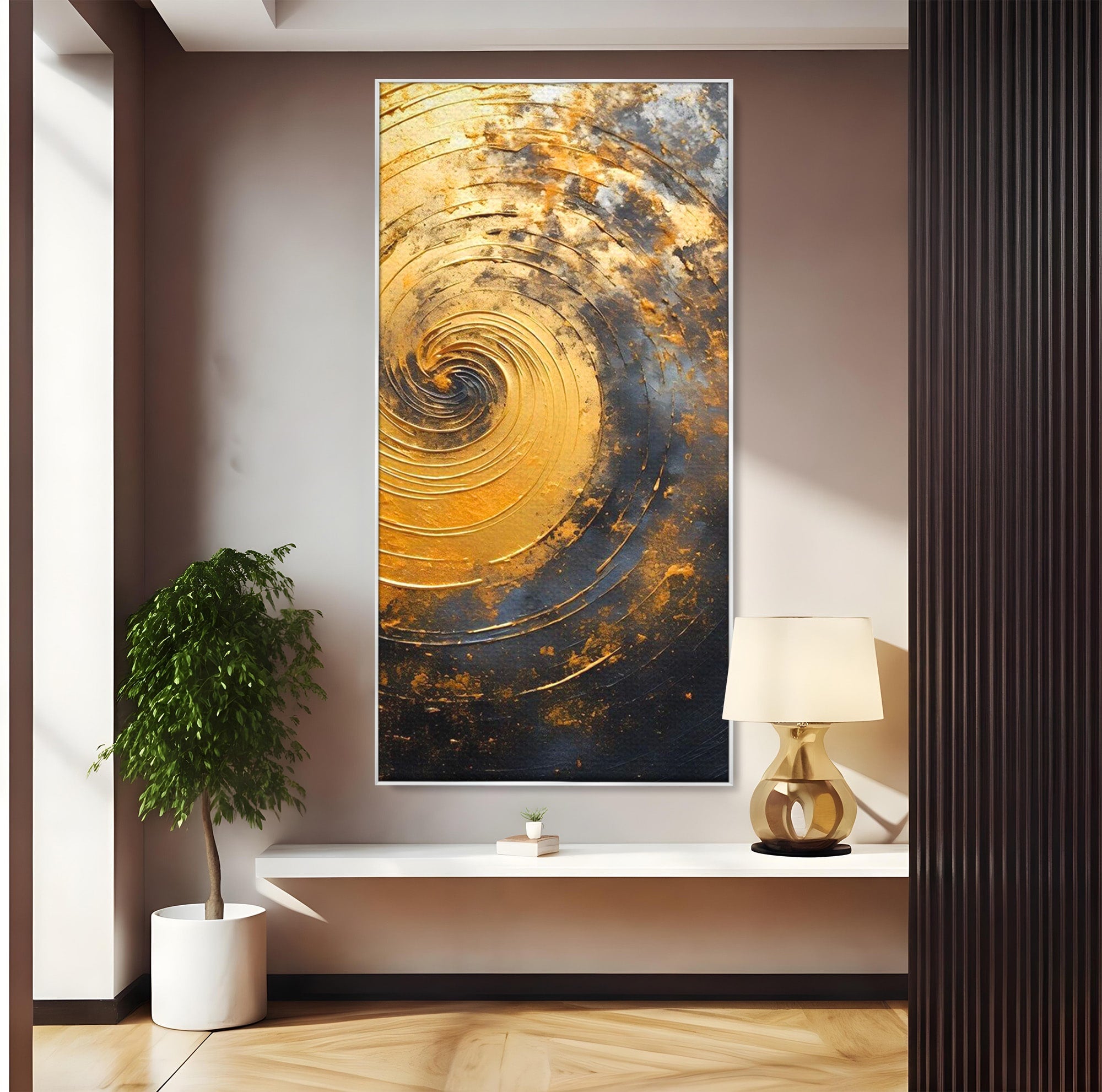 Tablou Canvas Premium LuxCanva® PI1177, Vortexul Auriu, Abstract, Spirala, Eclipsa, Negru, Living, Culori Vibrante