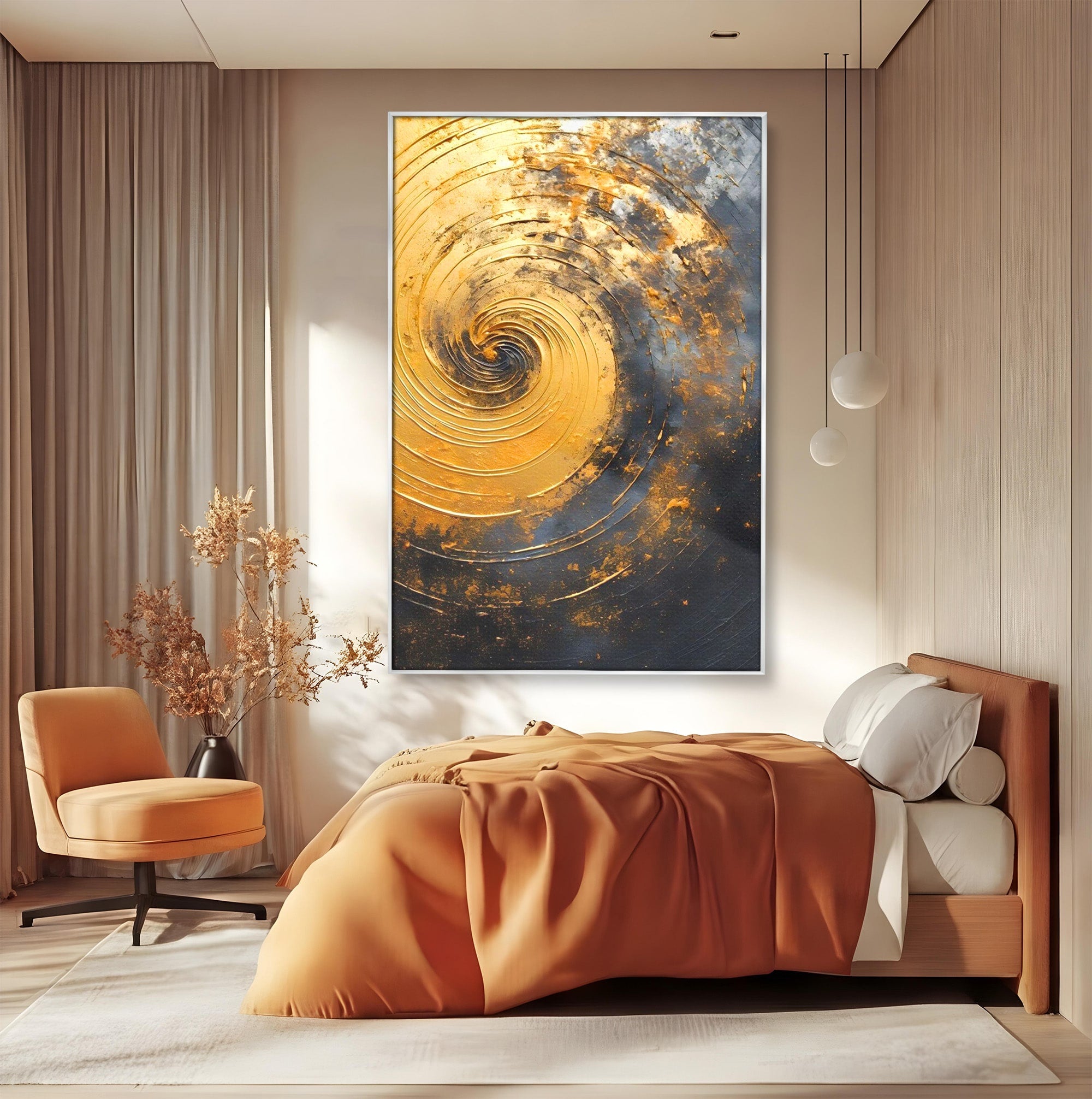 Tablou Canvas Premium LuxCanva® PI1177, Vortexul Auriu, Abstract, Spirala, Eclipsa, Negru, Living, Culori Vibrante