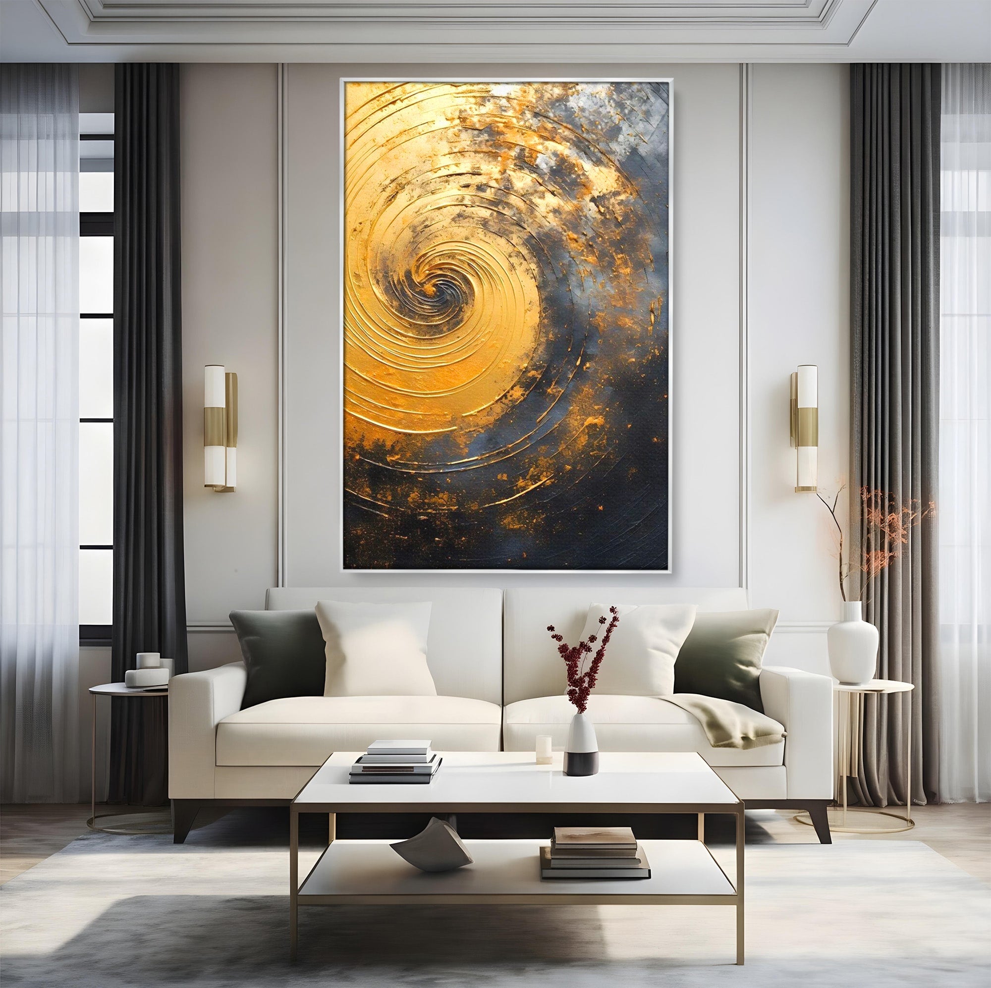 Tablou Canvas Premium LuxCanva® PI1177, Vortexul Auriu, Abstract, Spirala, Eclipsa, Negru, Living, Culori Vibrante