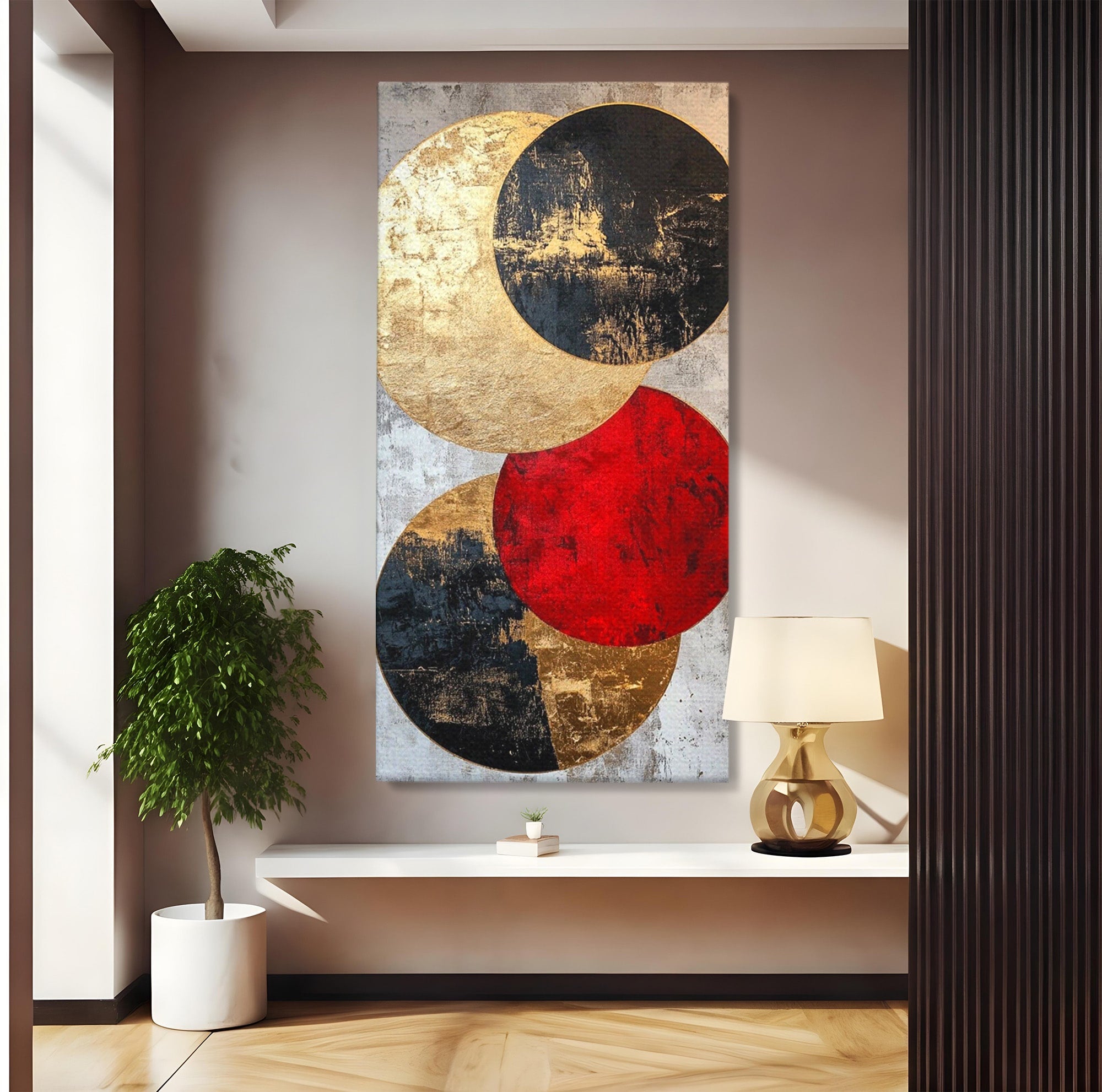 Tablou Canvas Premium LuxCanva® PI1179, Cercuri Abstracte Metalice, Rosu, Cercuri, Metal, Modern, Birou, Culori Vibrante